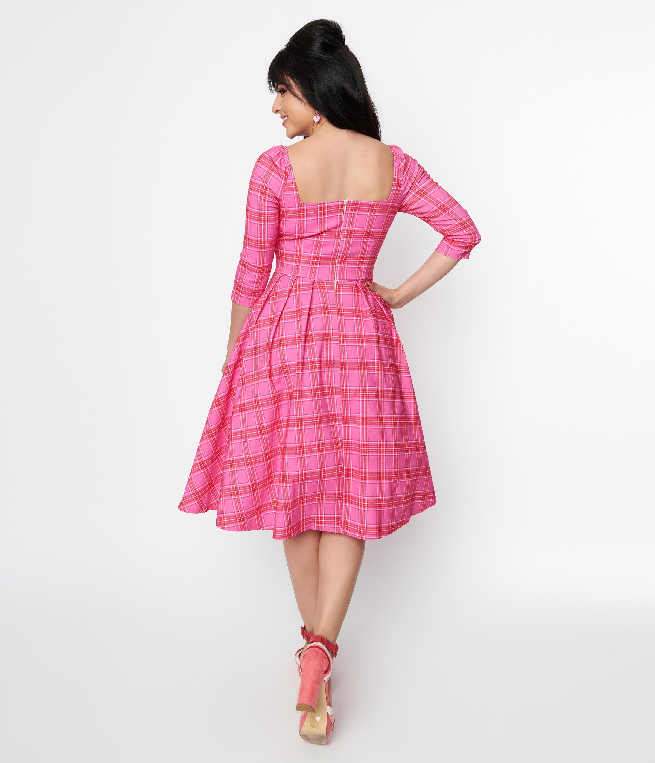 Unique Vintage Pink & Red Plaid Lamar Swing Dress