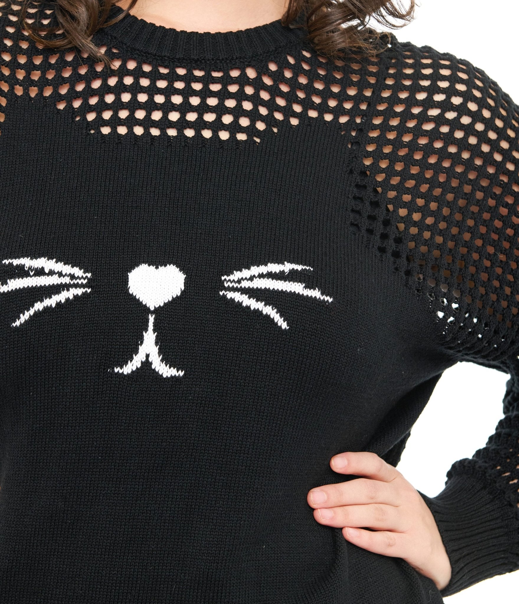 Unique Vintage Plus Size Black Cat Open Weave Cotton Sweater