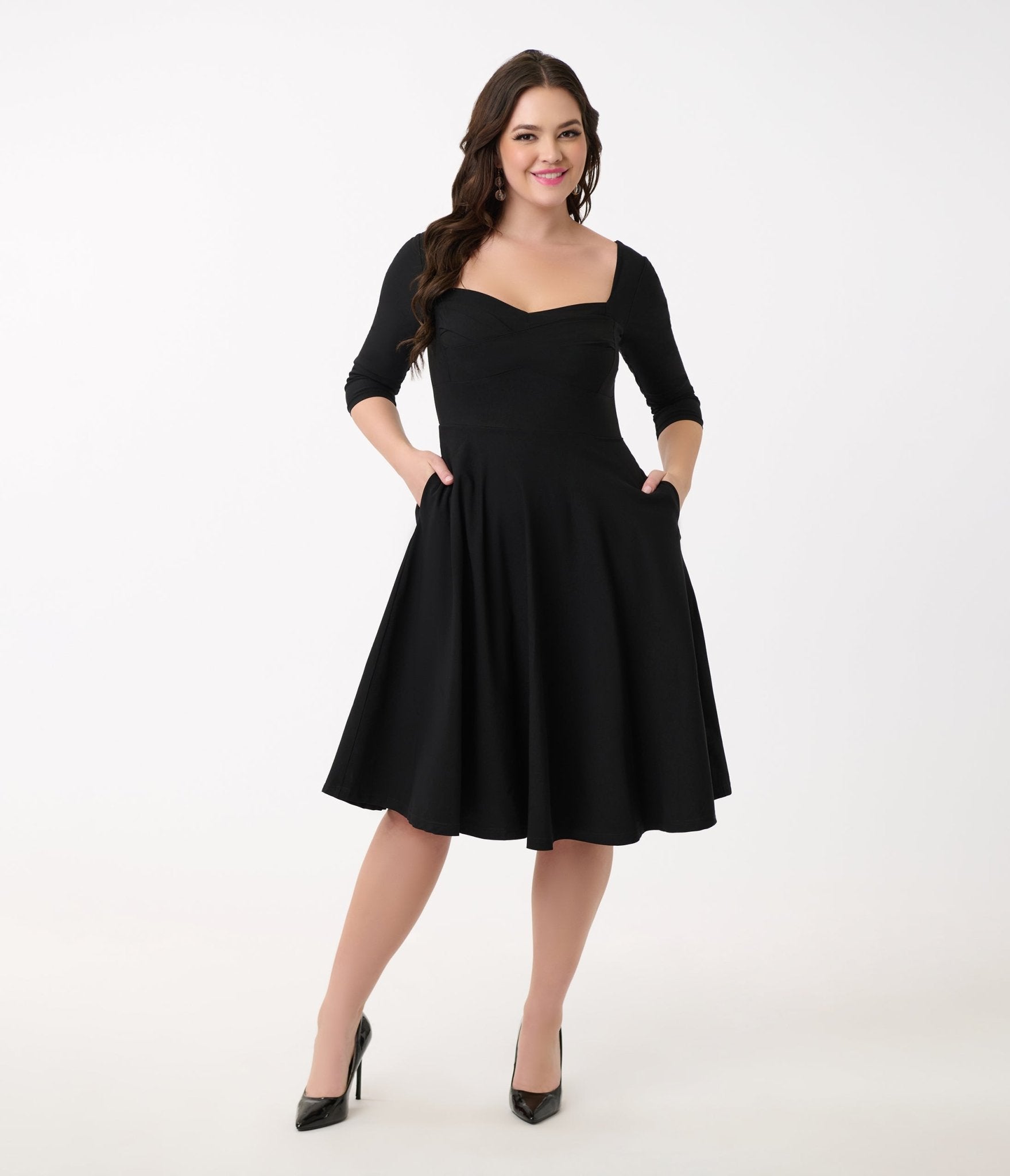 Unique Vintage 1950s Black Pleated Bust Swing Dress