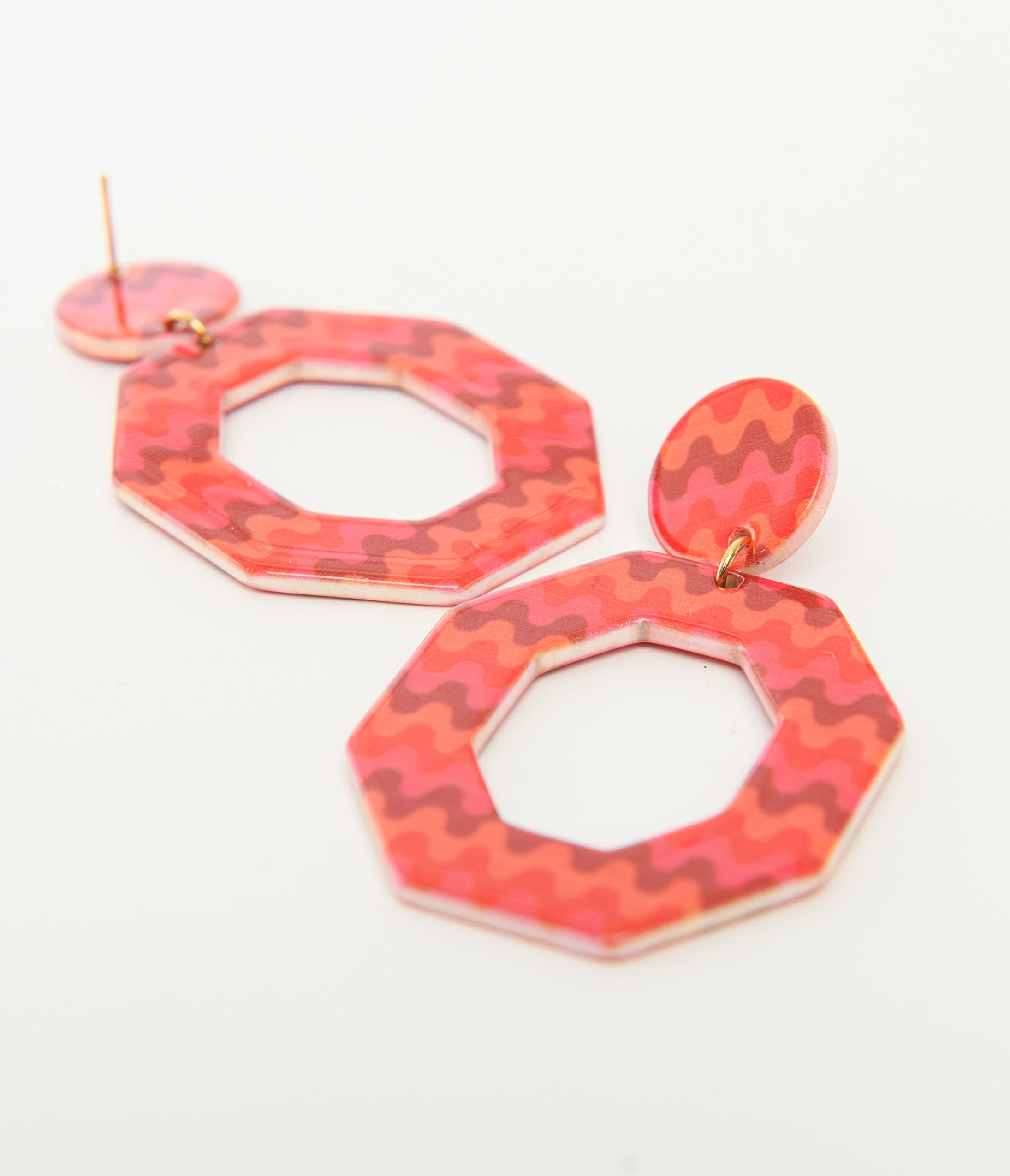 1970s Orange & Red Chevron Octagon Earrings