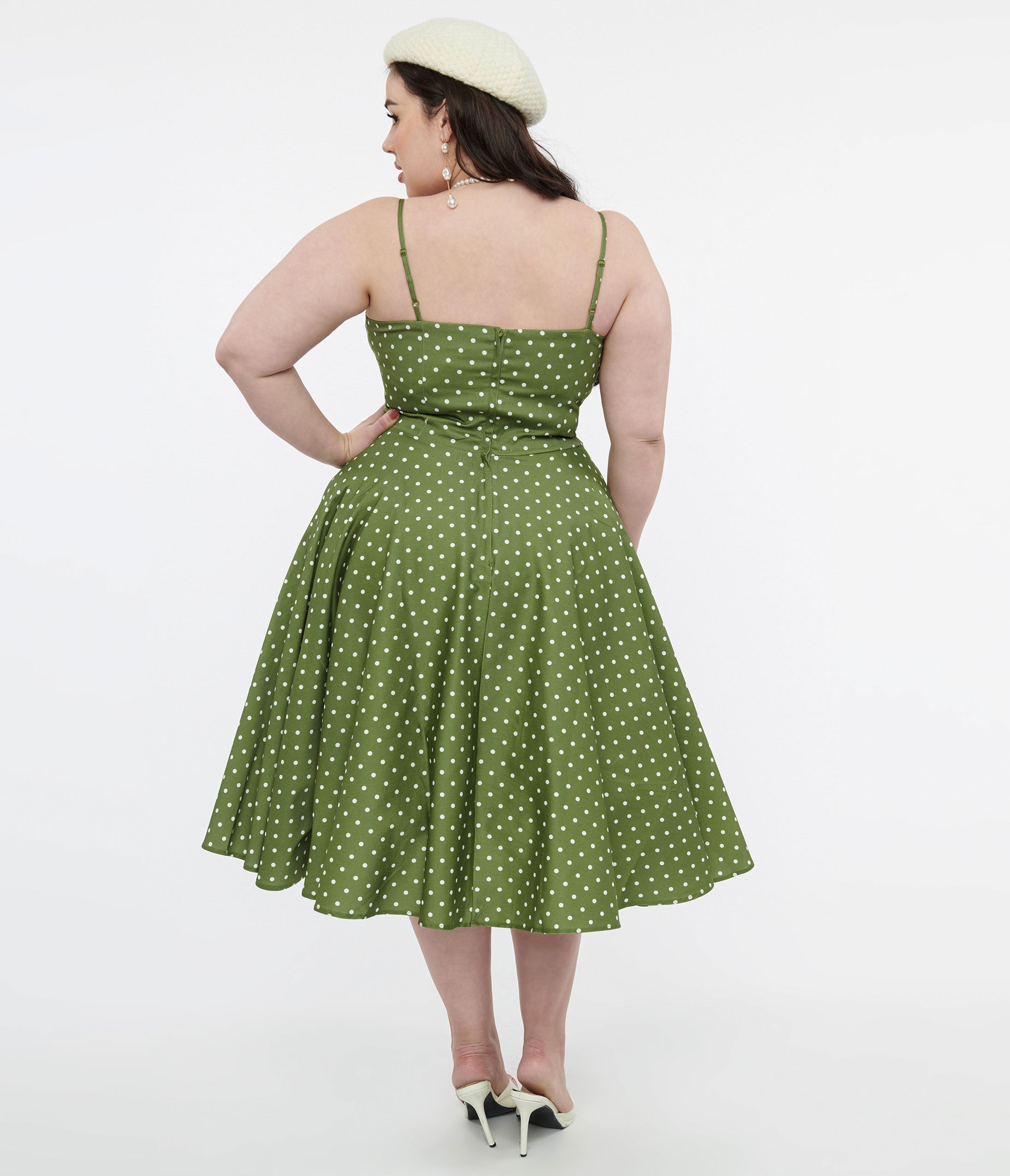 1950s Olive Green & White Polka Dot Peggy Cotton Swing Dress