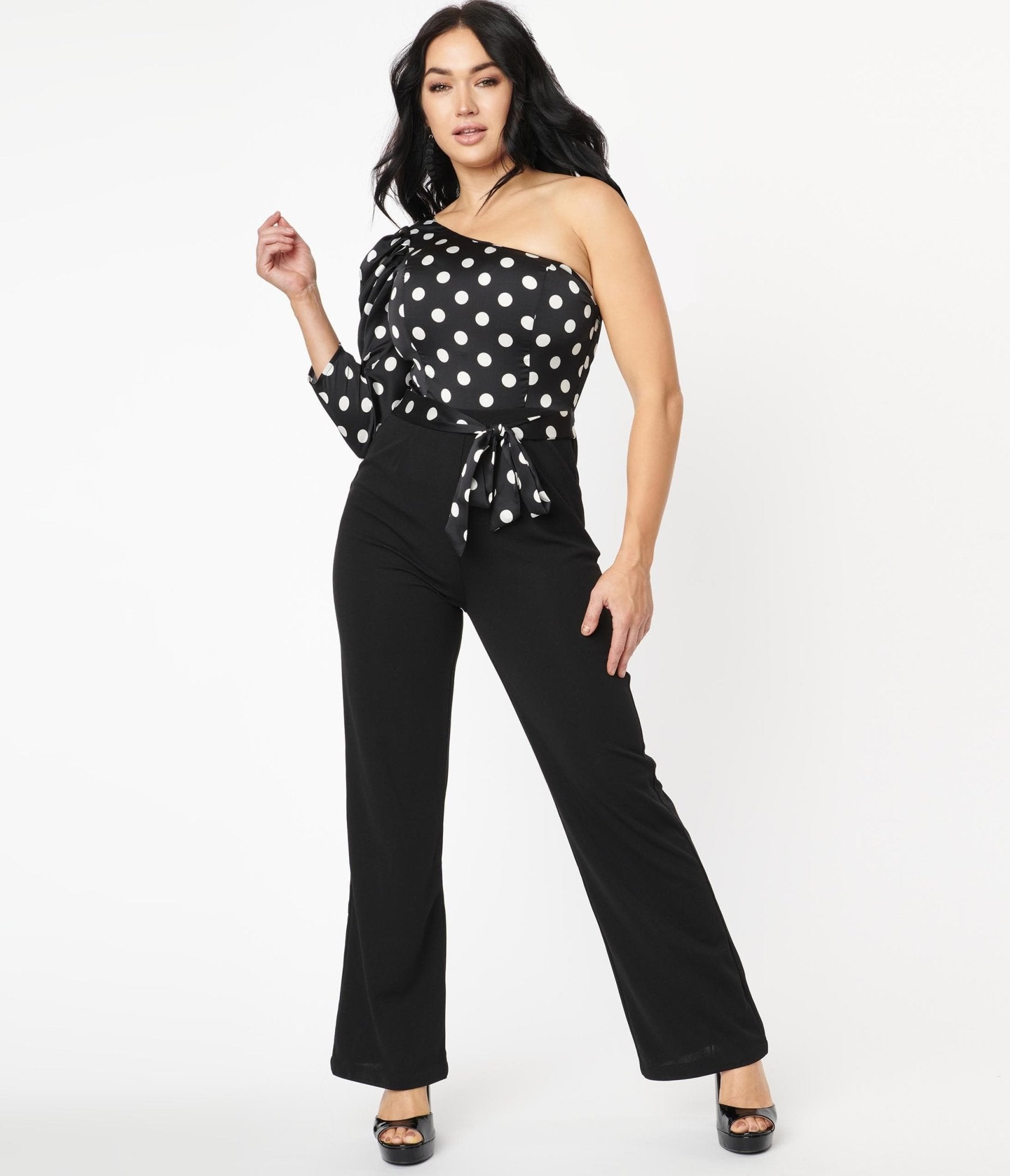 1970s Black & White Polka Dot One Shoulder Jumpsuit