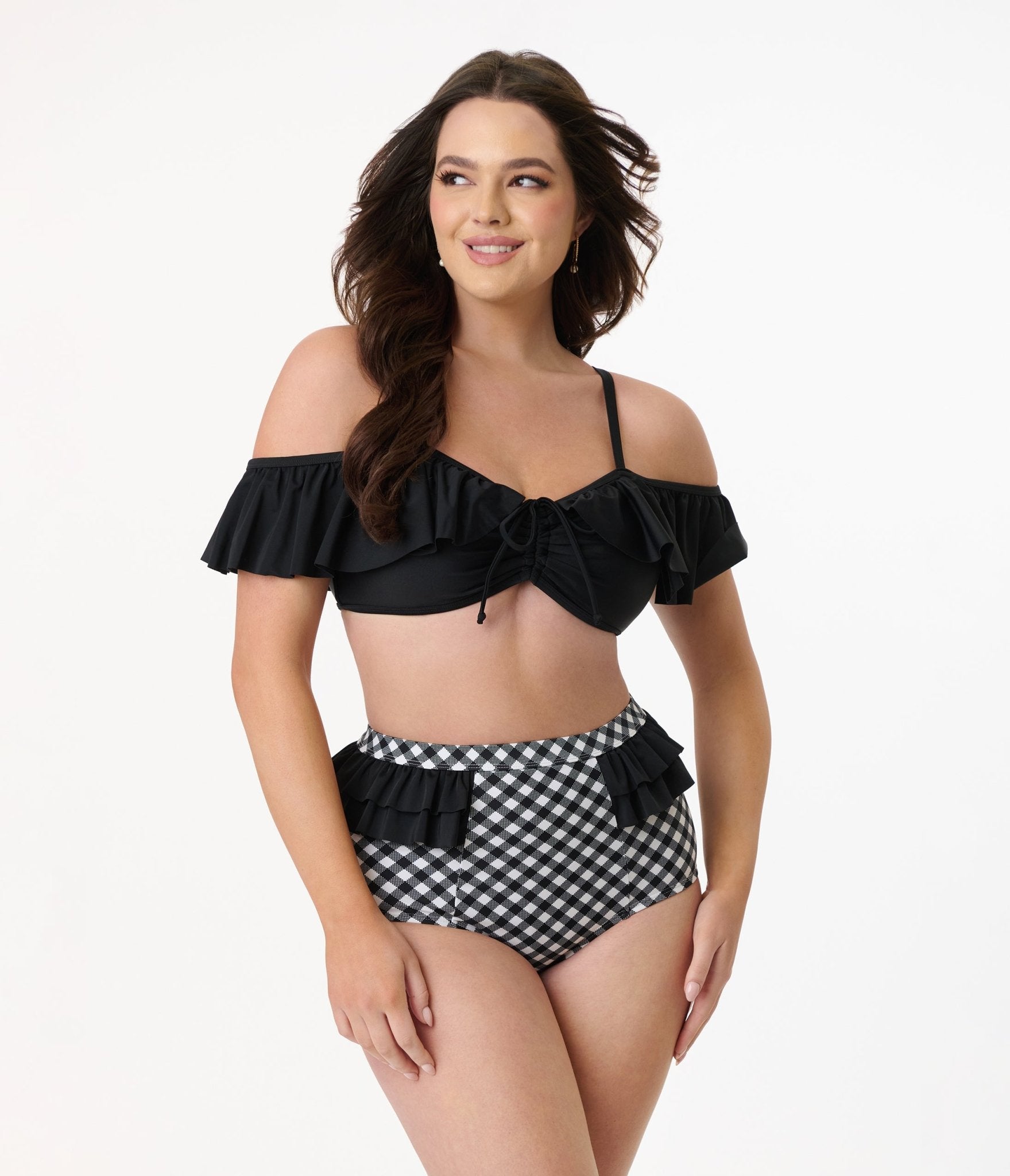 Unique Vintage Black Ruffle Swim Top