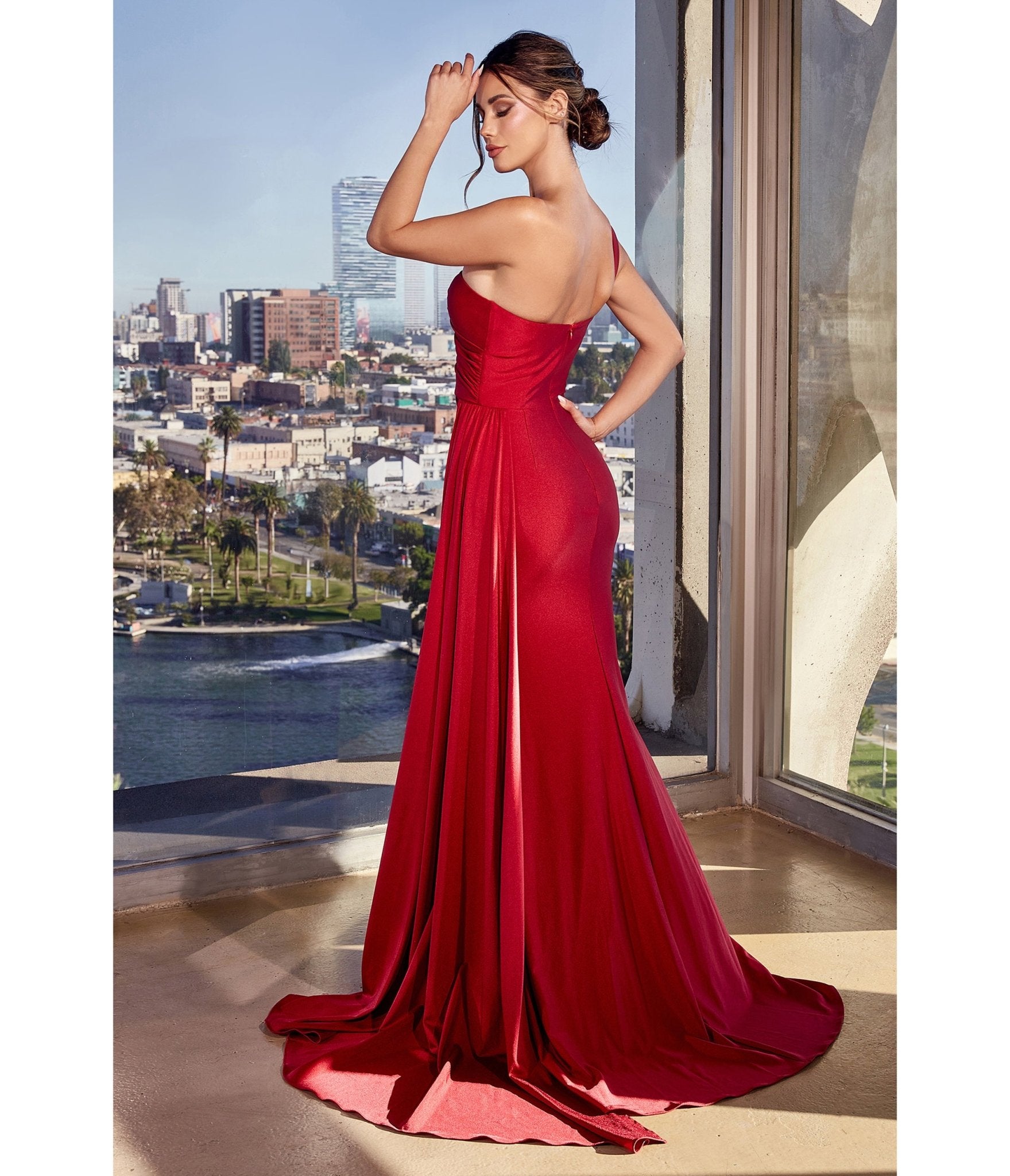 Ladivine by Cinderella Divine Burgundy Fitted One Shoulder Satin Bridesmaid Dress