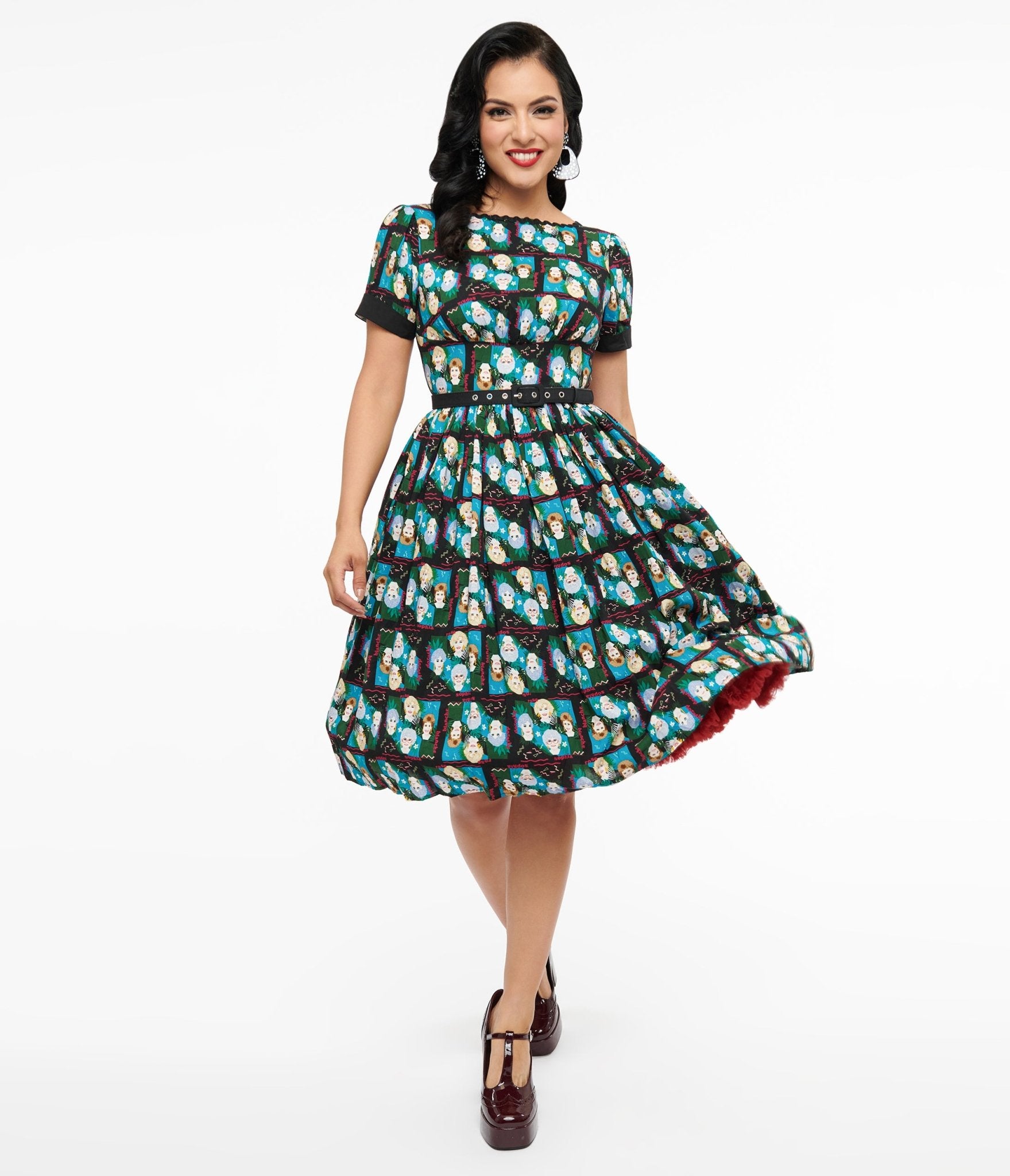 The Golden Girls x Unique Vintage Black & Blue The Golden Girls Print Swing Dress