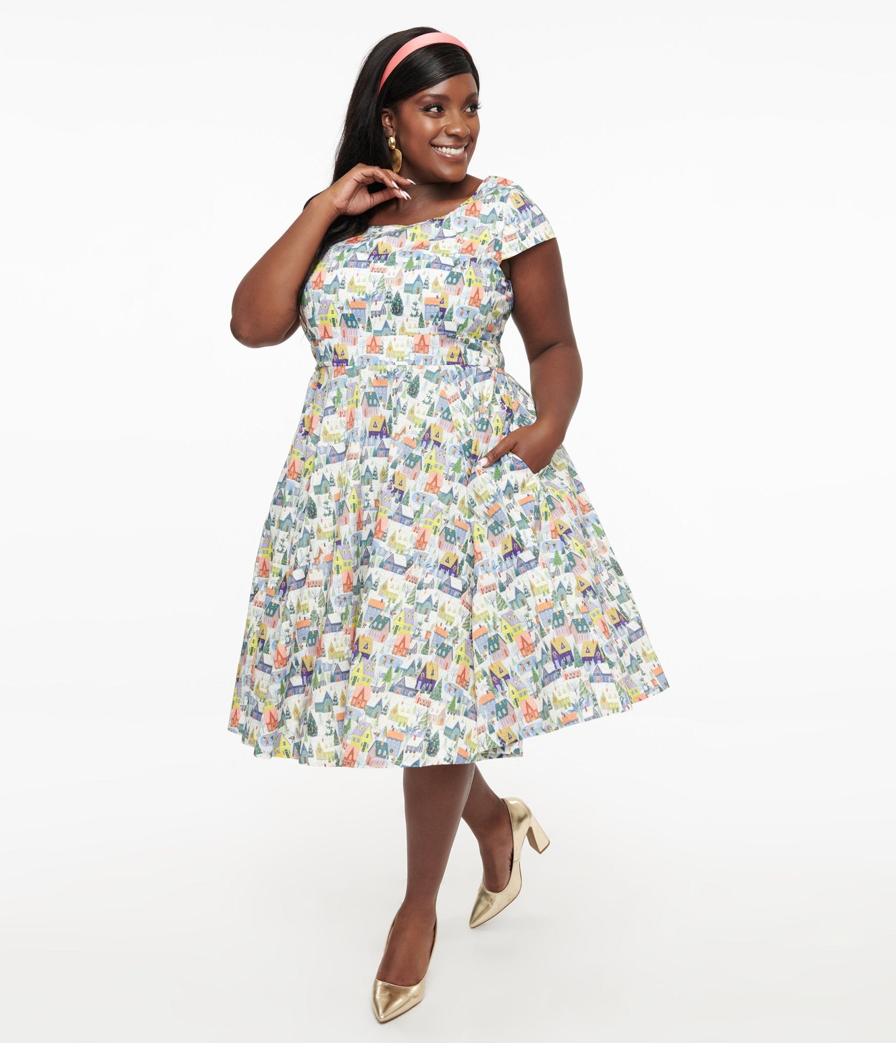 Magnolia Place Plus Size Multicolor House Print Anna Swing Dress