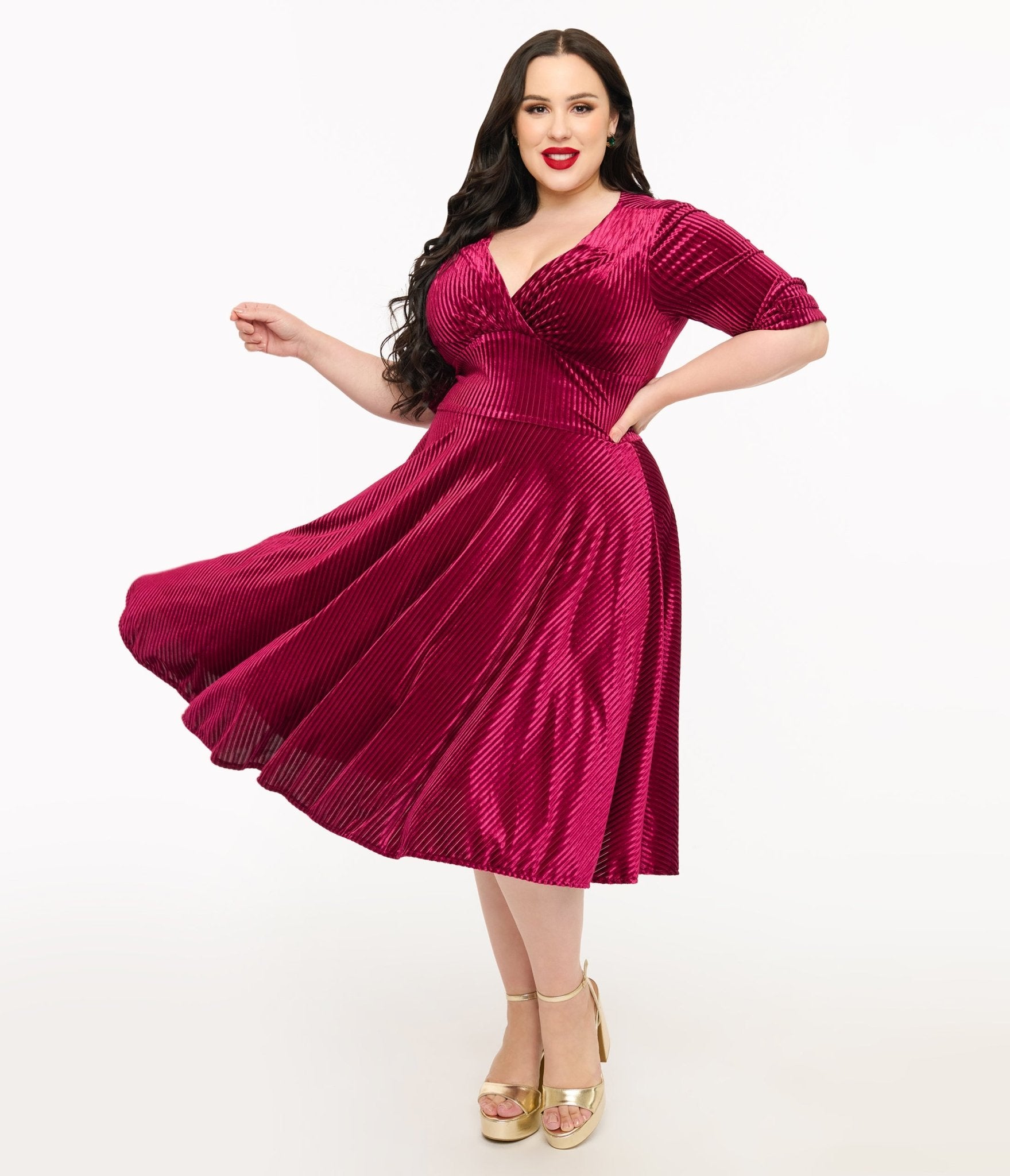 Unique Vintage Plus Size 1950s Merlot Textured Velvet Delores Swing Dress