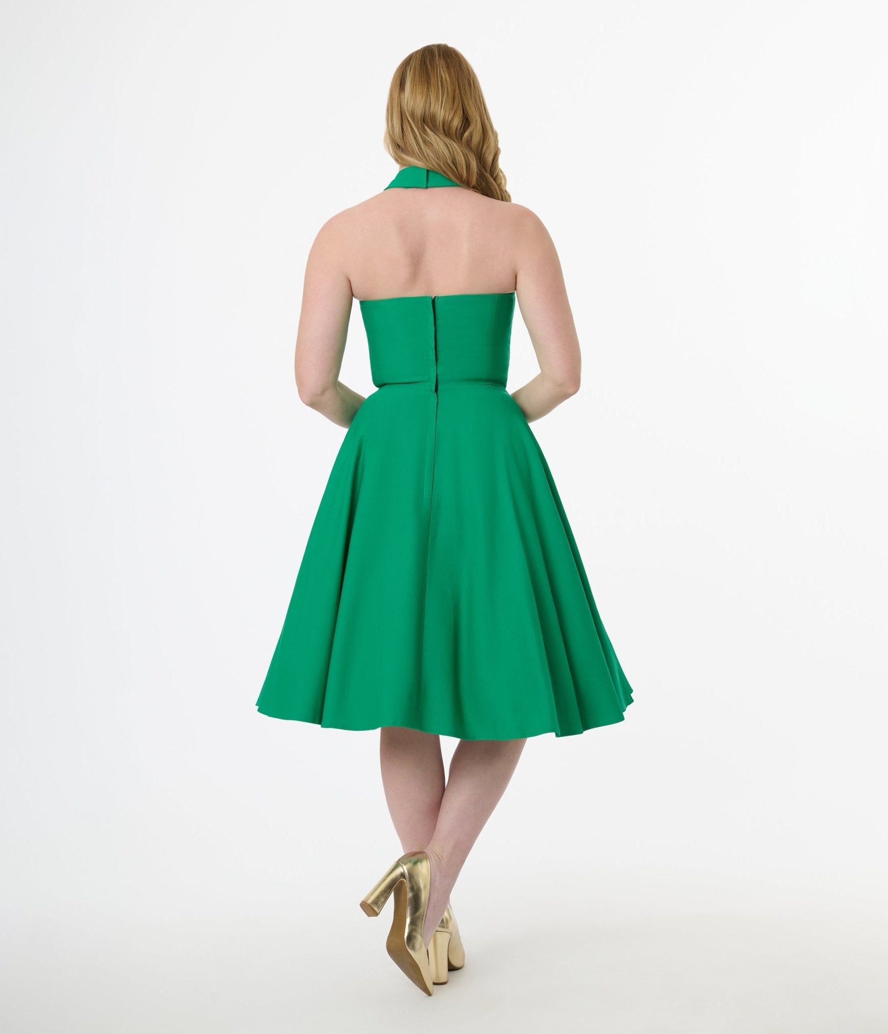 Unique Vintage 1950s Green Criss Cross Halter Rita Flare Dress