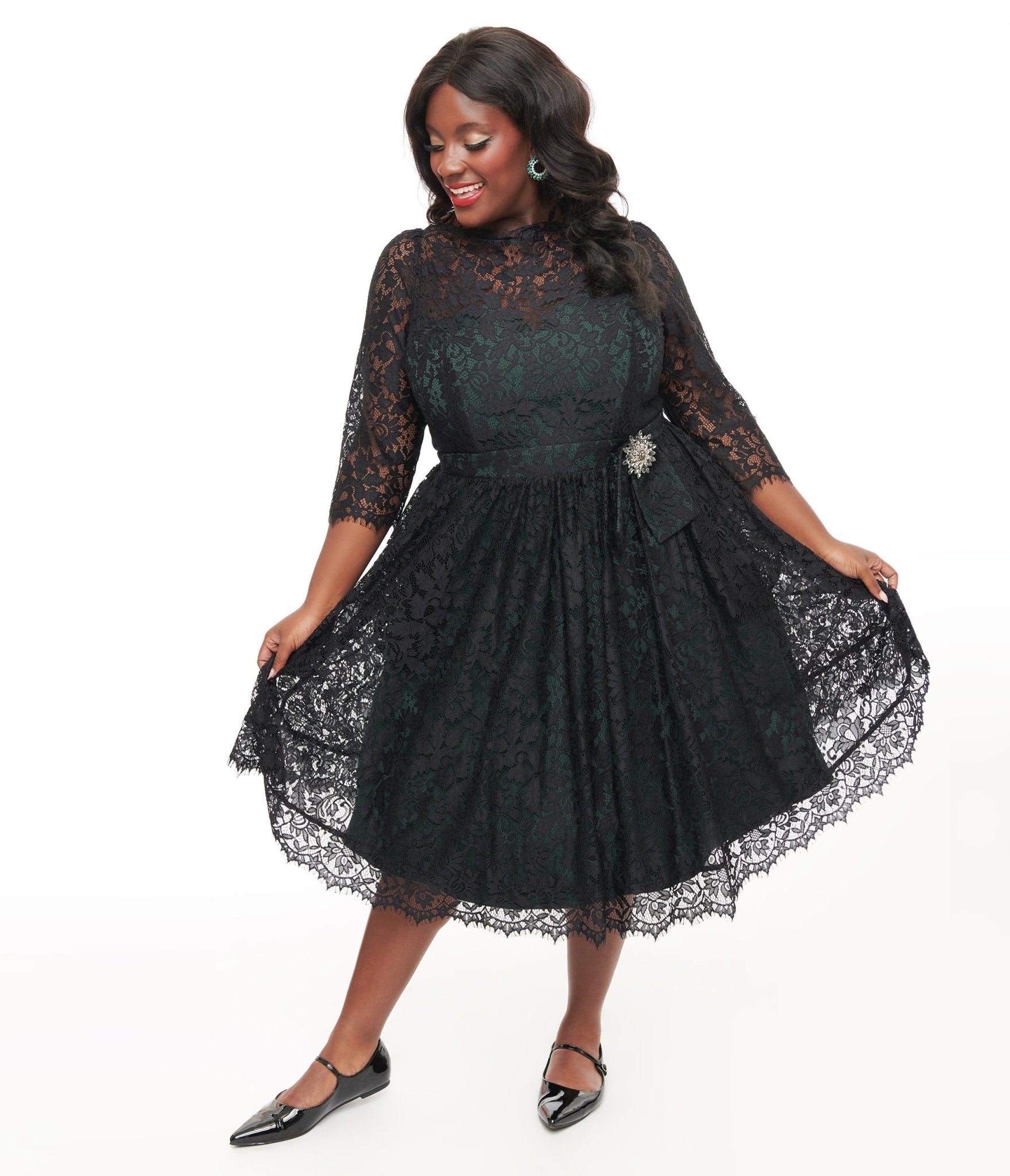 Unique Vintage Plus Size 1940s Black Lace Swing Dress