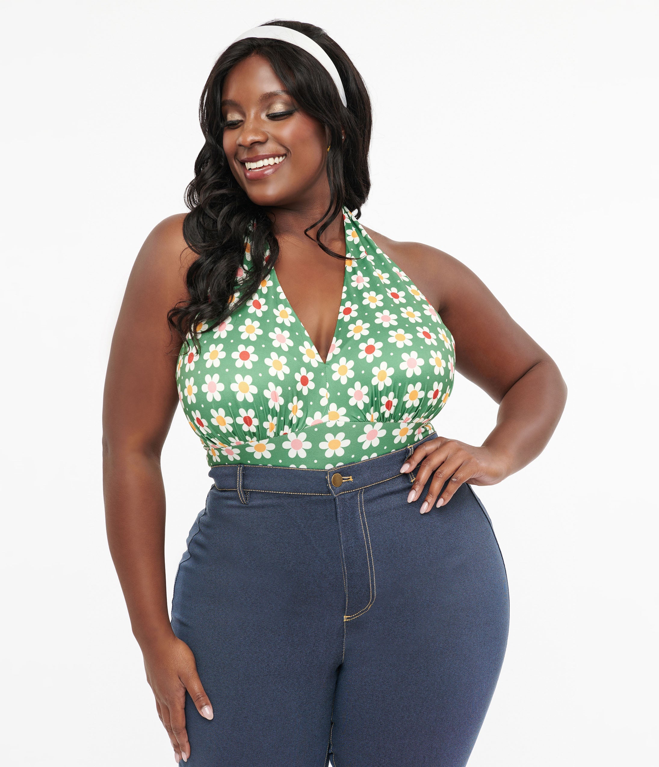 Unique Vintage Plus Size Olive Green Daisy Halter Bodysuit