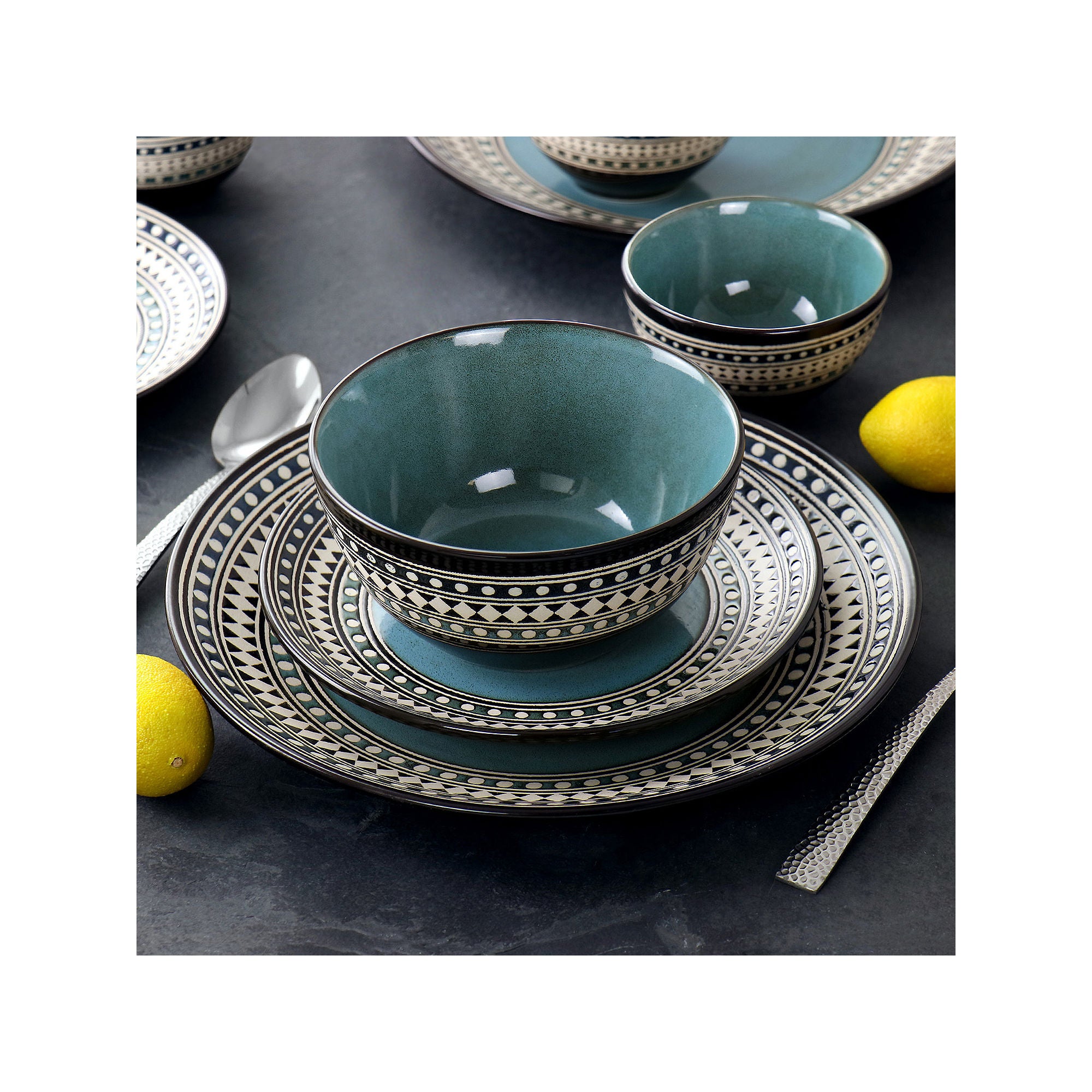 Elama Blue Sage 16 Piece Double Bowl Stoneware Dinnerware Set in Blue