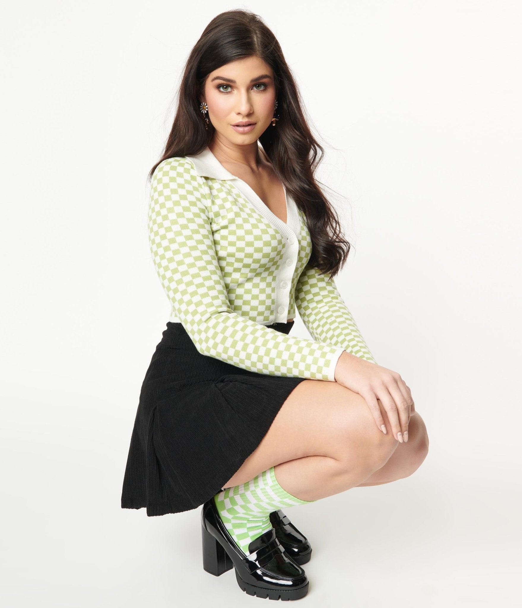 Green & Ivory Check Crop Cardigan