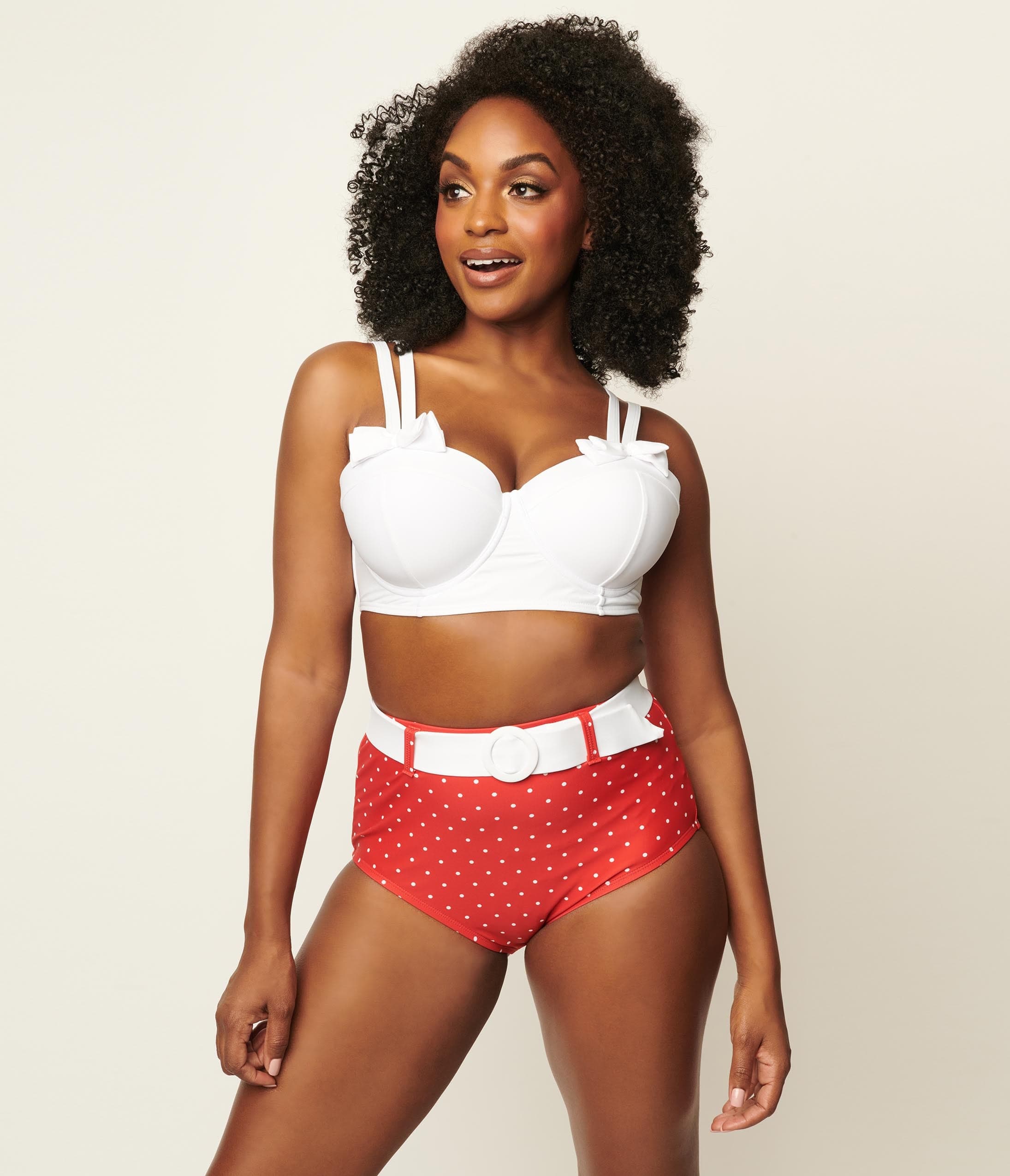 Unique Vintage Red & White Pin Dot Belted Redondo Swim Bottoms