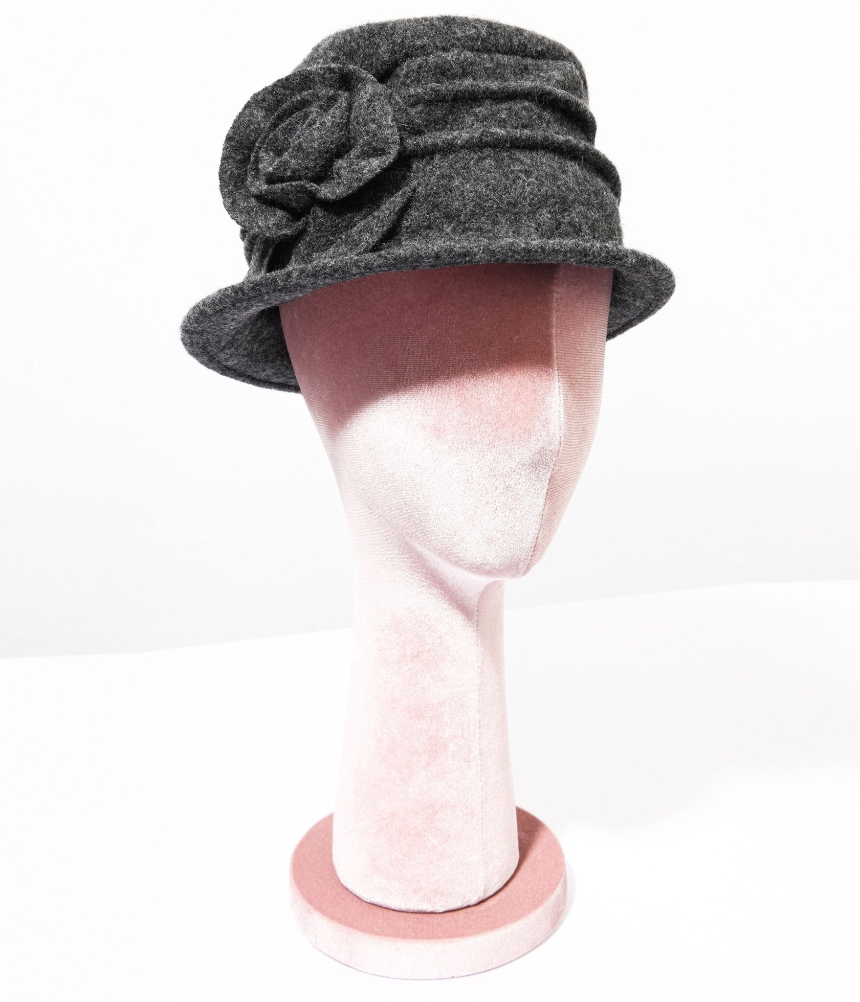 1920s Grey Wool Rose Bud Cloche Hat