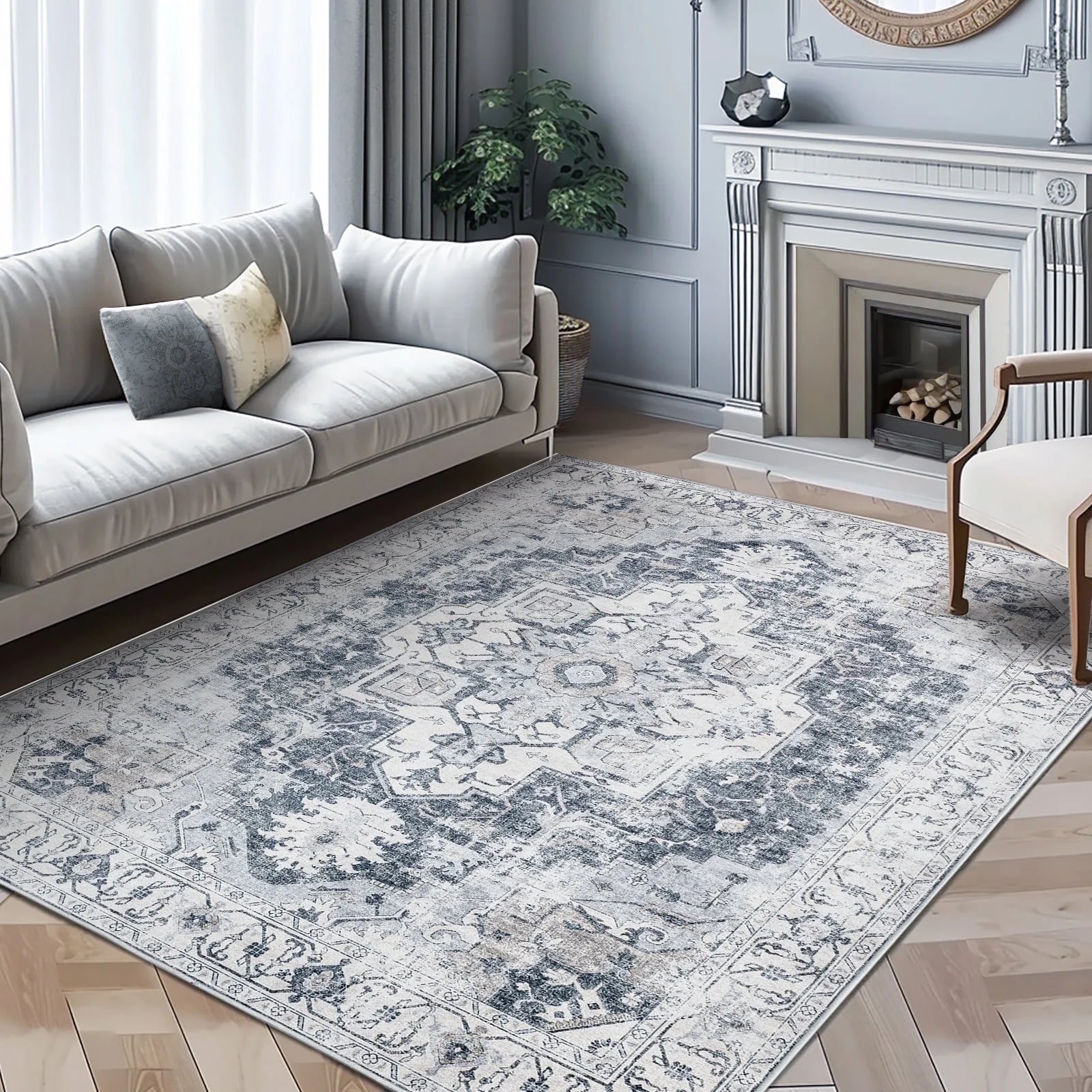 RUGKING ZDJCRGKABUL-8x10-C Traditional Area Rugs 8x10 Gray Foldable Oriental Medallion Pattern Carpet Non Slip, Gray, 8' x 10'