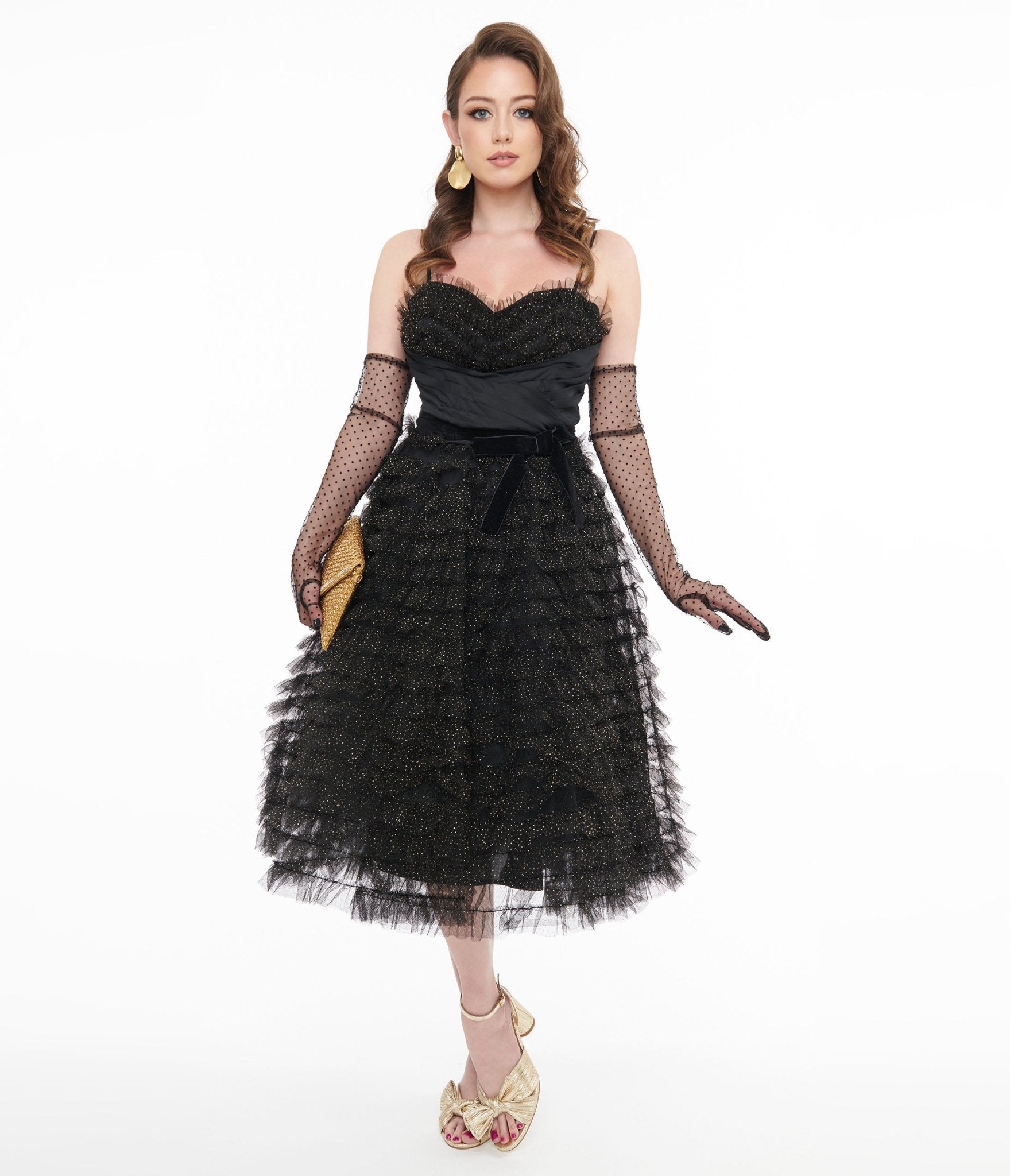 Unique Vintage 1950s Black & Gold Glitter Tulle Cupcake Swing Dress