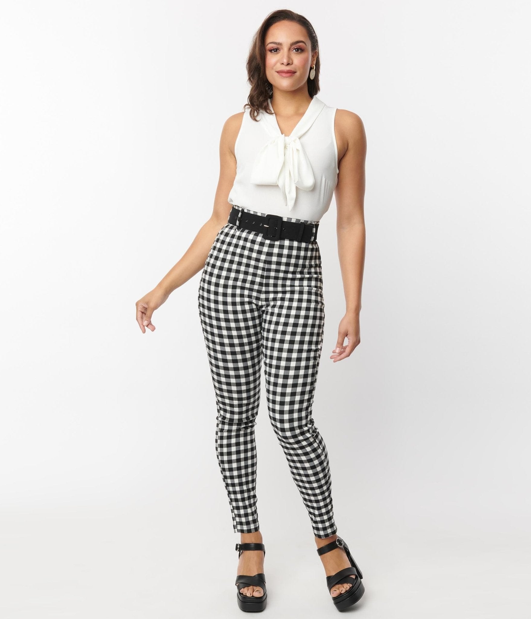 Unique Vintage Black & White Gingham Belted Rizzo Pants