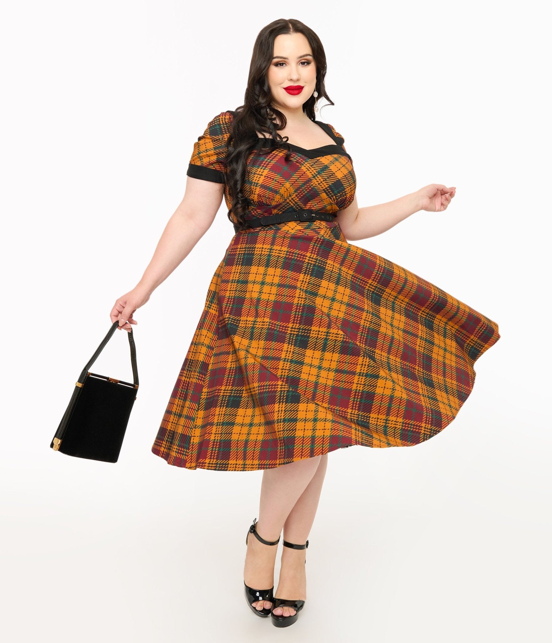 Unique Vintage Plus Size 1950s Mustard Yellow & Burgundy Plaid Swing Dress