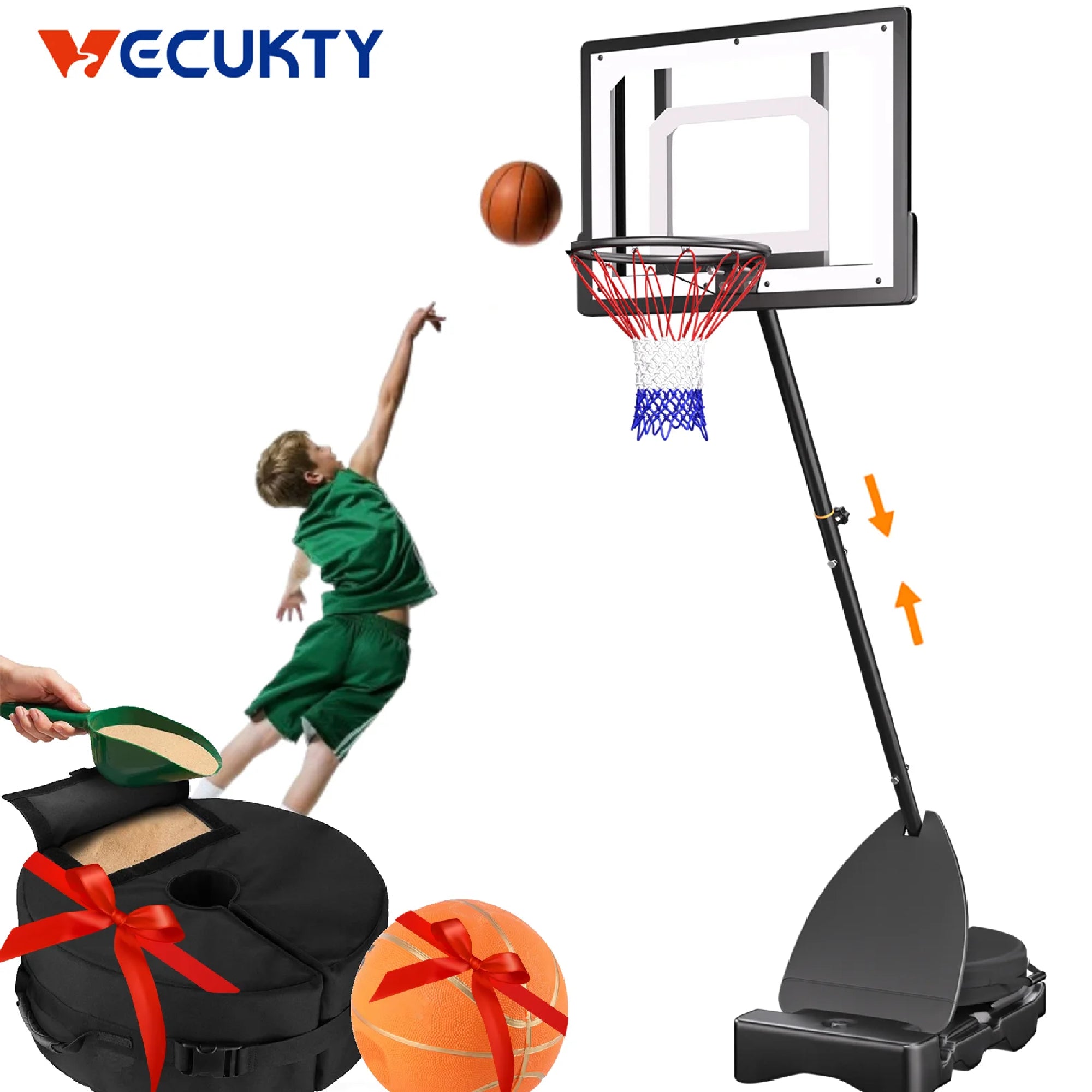 Vecukty 33 Portable Outdoor Basketball Hoop for Kids Performance Acrylic Adjustable Height 5-7 Basketball Hoop with Basketball