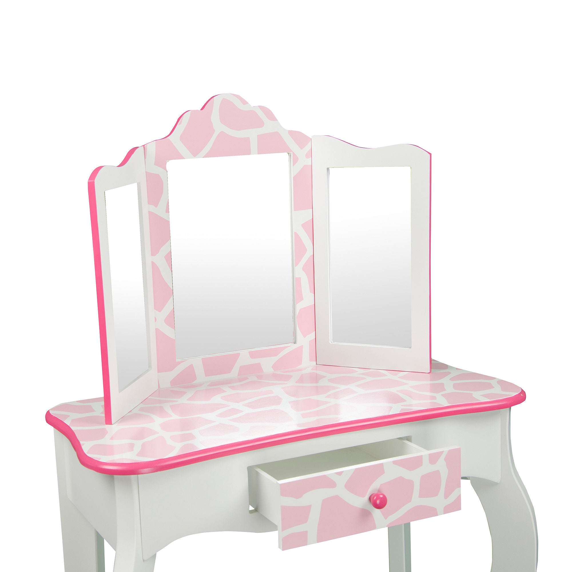 Teamson Kids Fashion Prints Vanity and Stool Set with Mirror Giraffe, Baby Pink/White