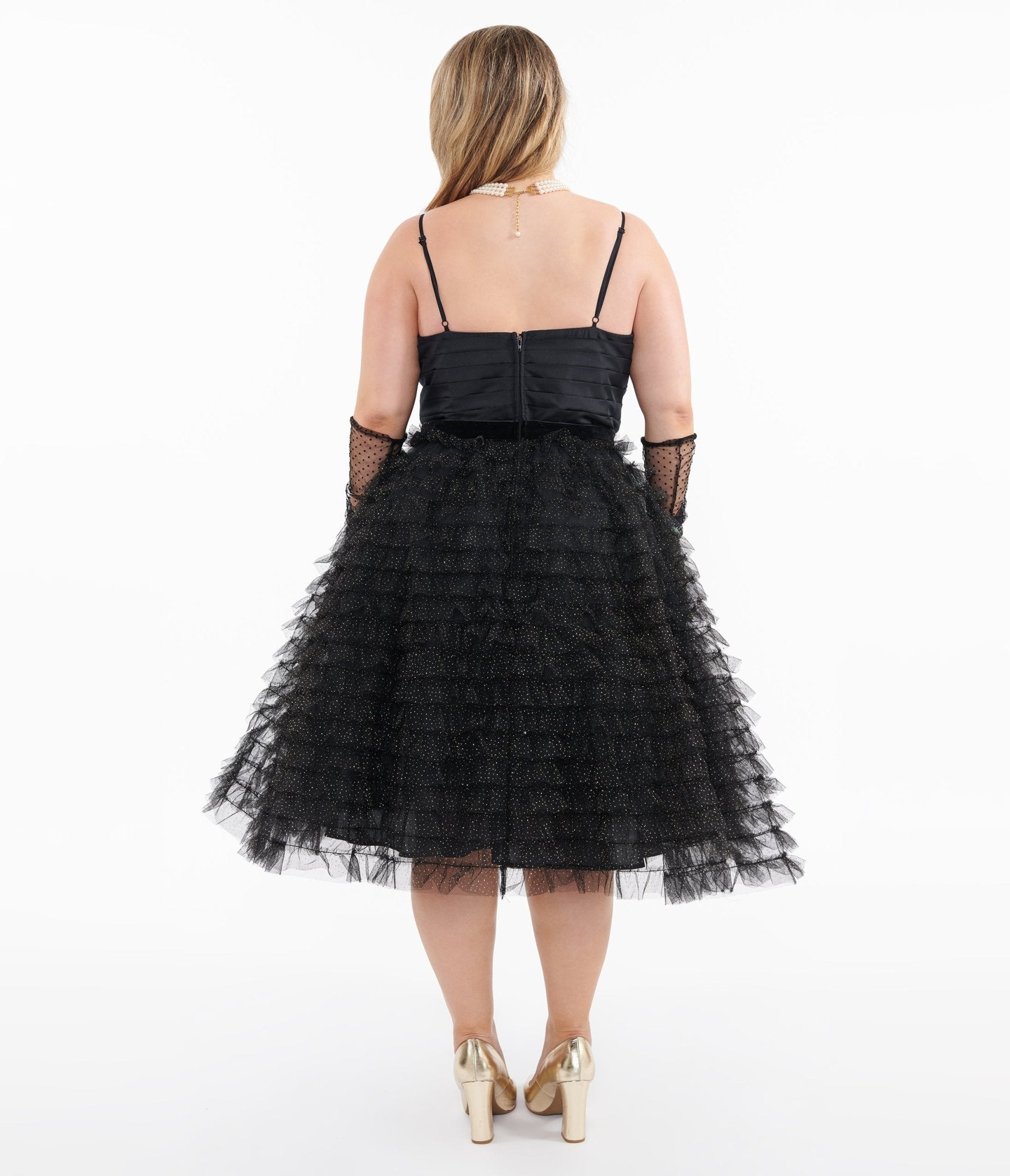 Unique Vintage Plus Size 1950s Black & Gold Glitter Tulle Cupcake Swing Dress