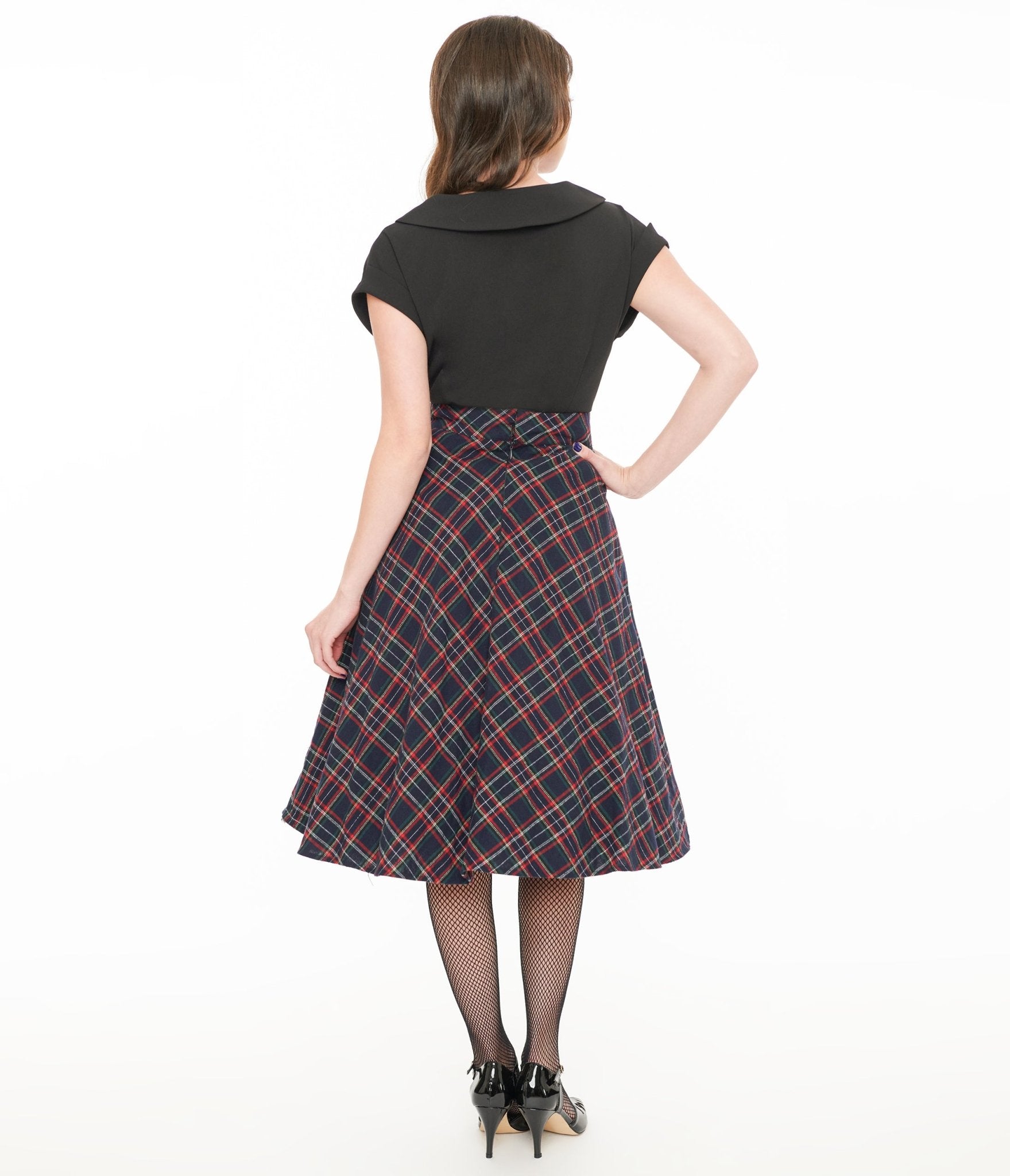 Unique Vintage 1950s Navy & Green Plaid High Waist Vivien Swing Skirt