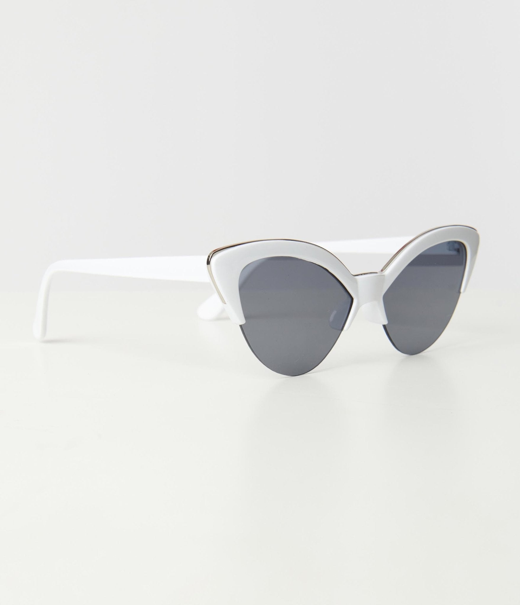 Unique Vintage White & Silver Half Rim Cat Eye Sunglasses