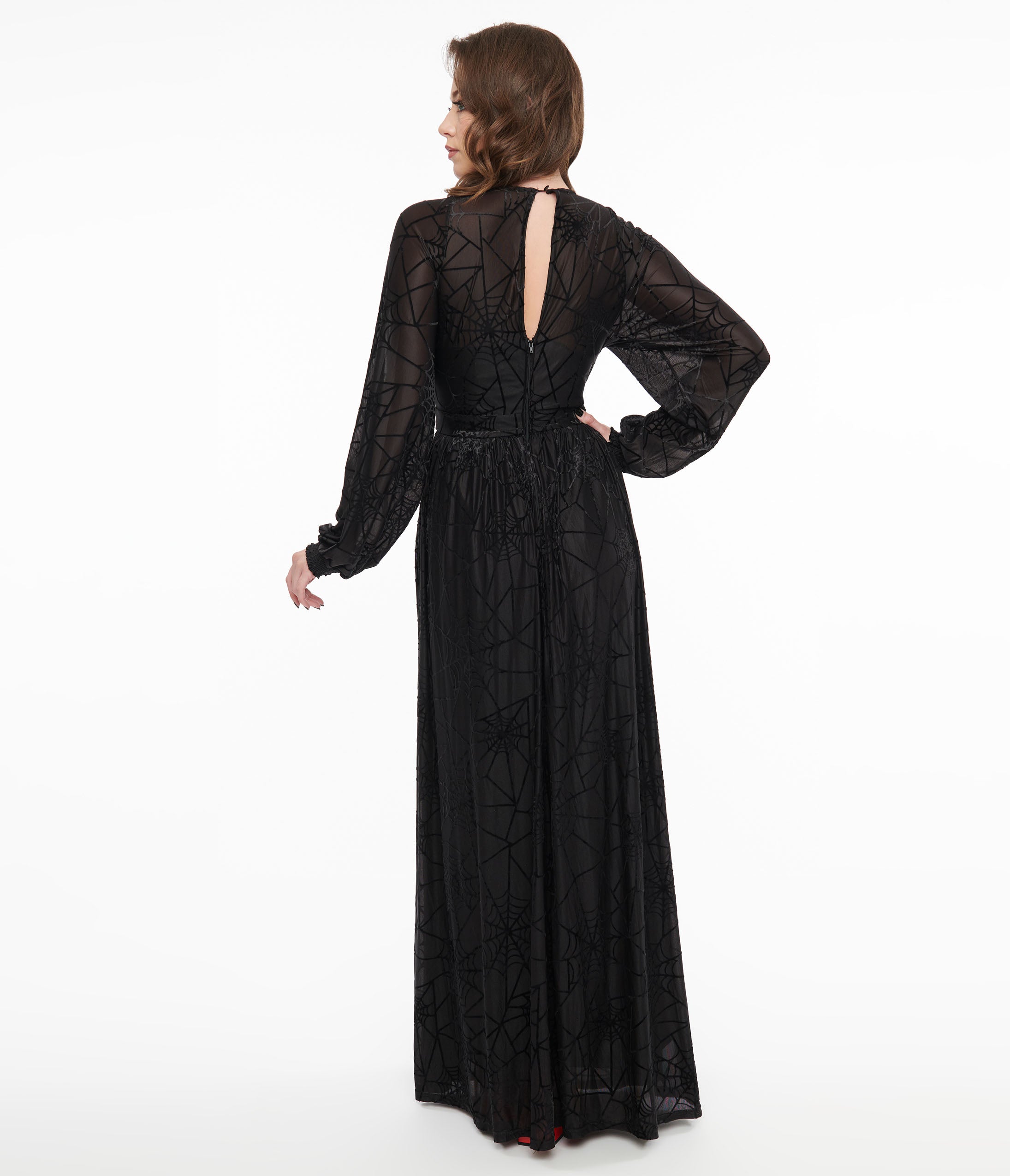 Unique Vintage 1970s Black Spiderweb Maxi Dress