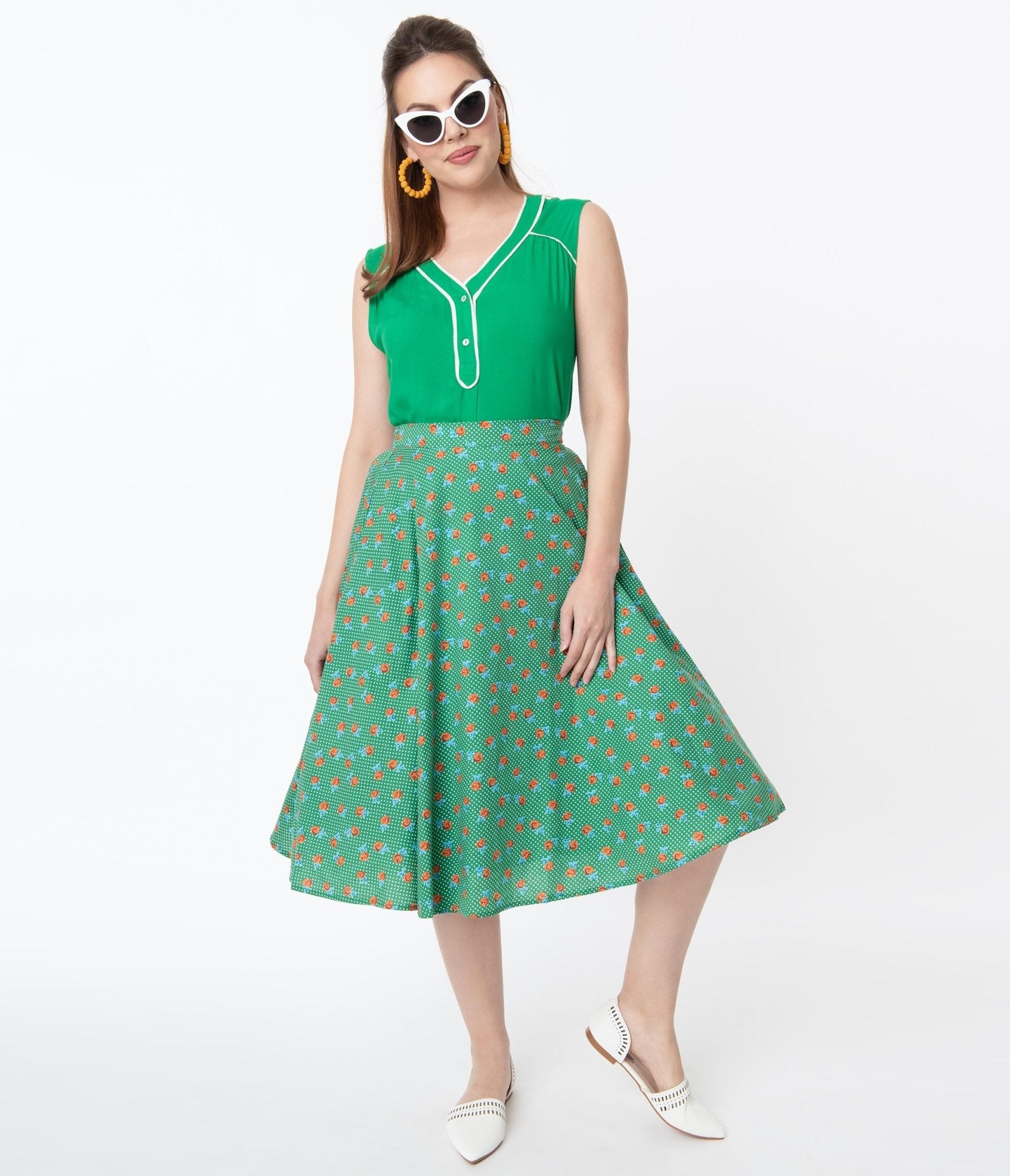 Vintage Style Green Dotted & Red Floral Swing Skirt