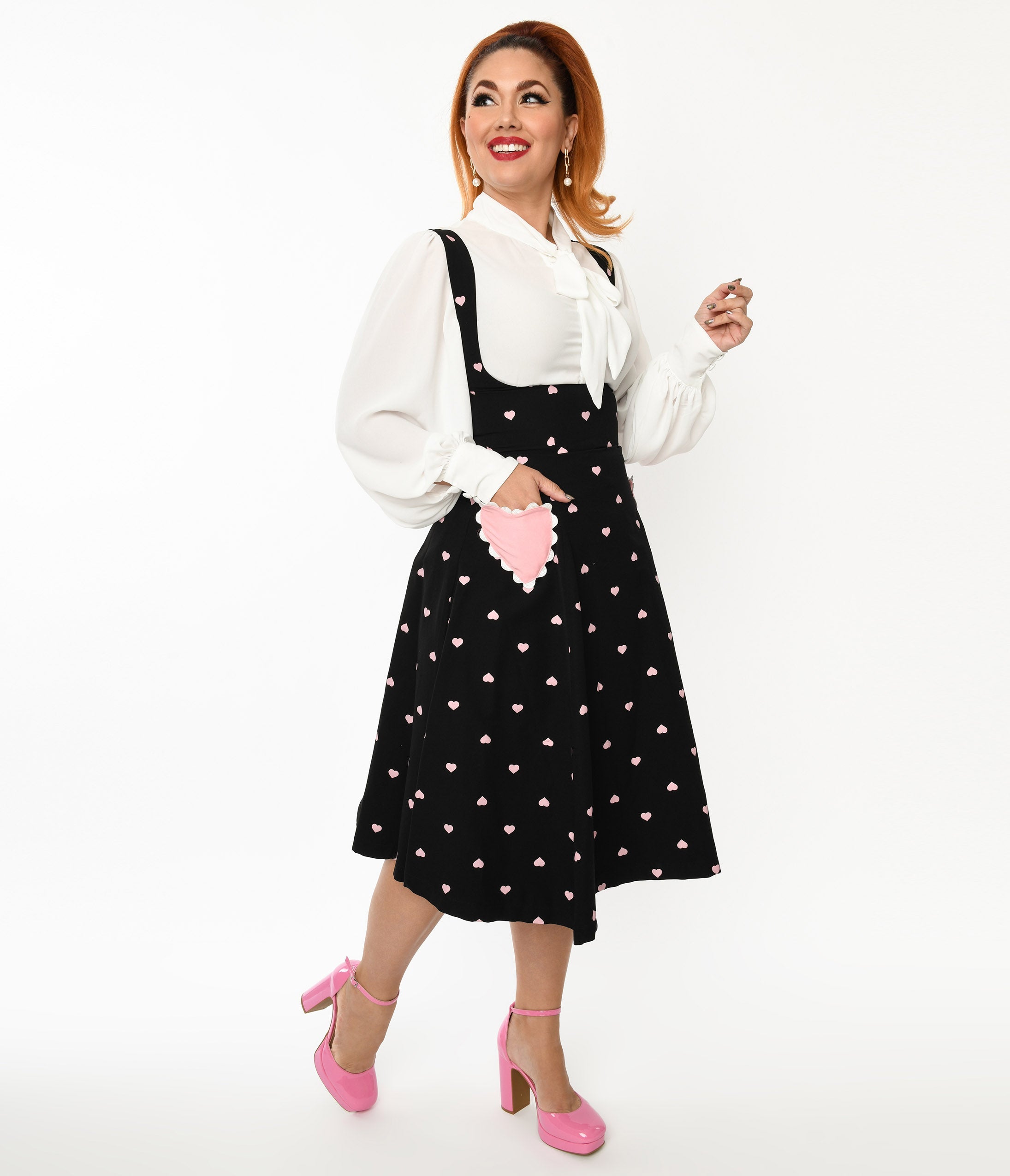 Unique Vintage Black & Pink Heart Amma Suspender Swing Skirt