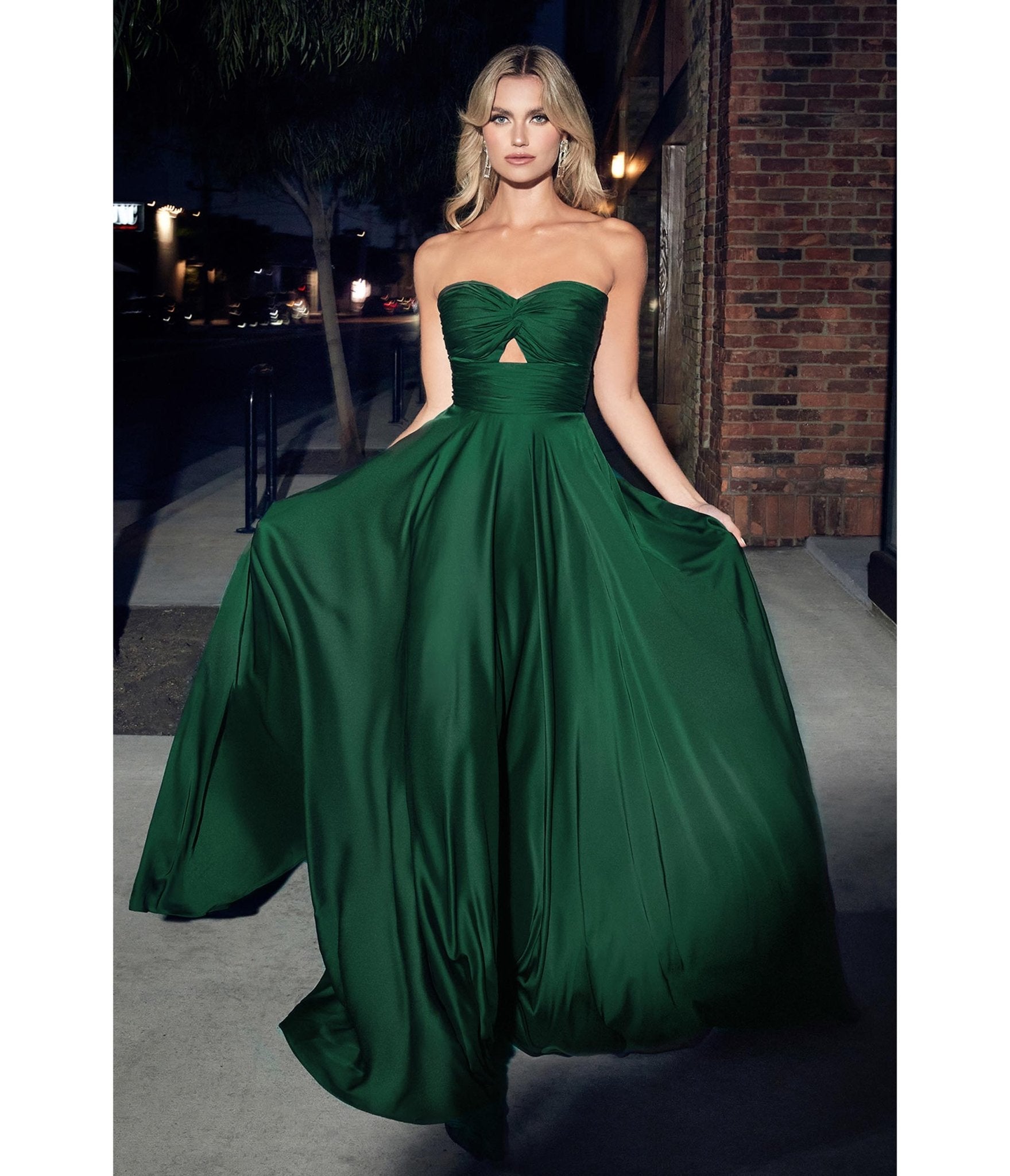 Ladivine by Cinderella Divine Hunter Green Satin Strapless Keyhole Evening Gown