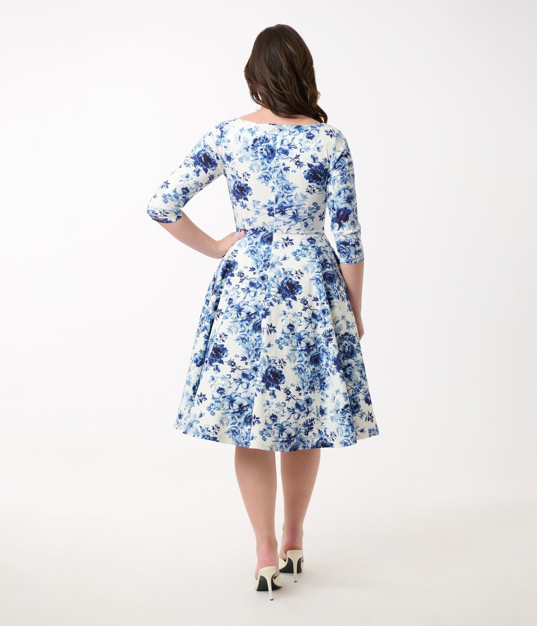 Unique Vintage 1950s White & Blue Floral Pleated Bust Swing Dress