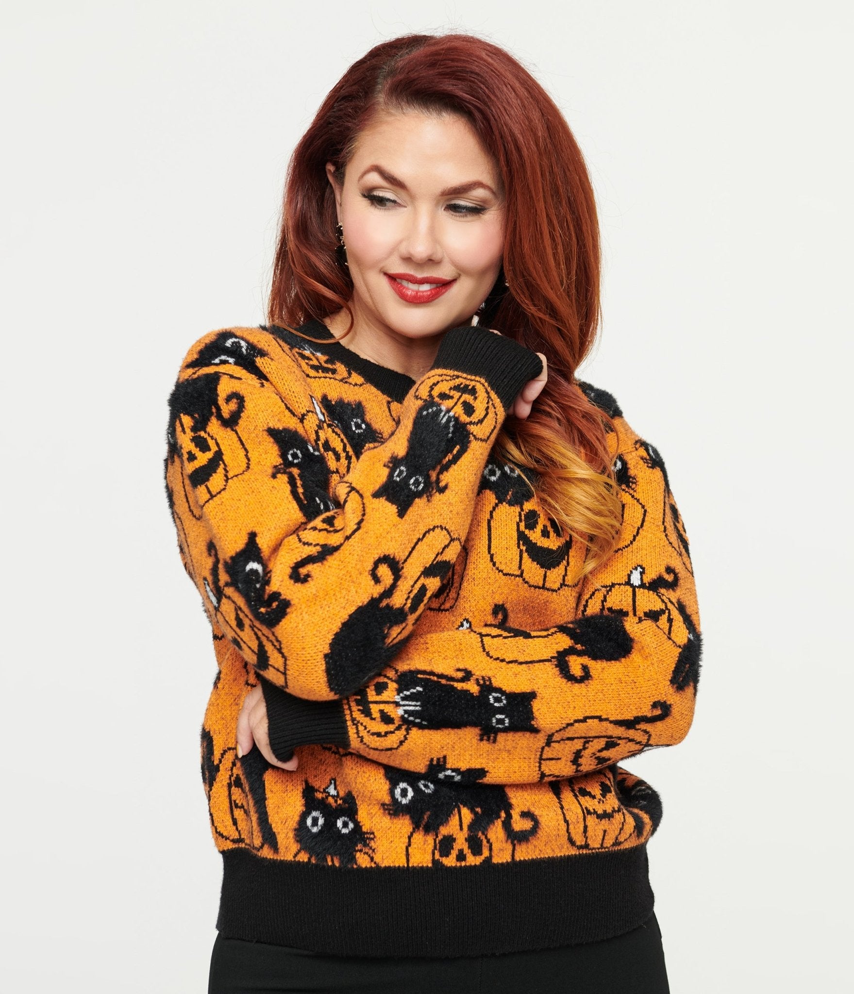 Unique Vintage Orange Pumpkin & Black Cat Print Sweater