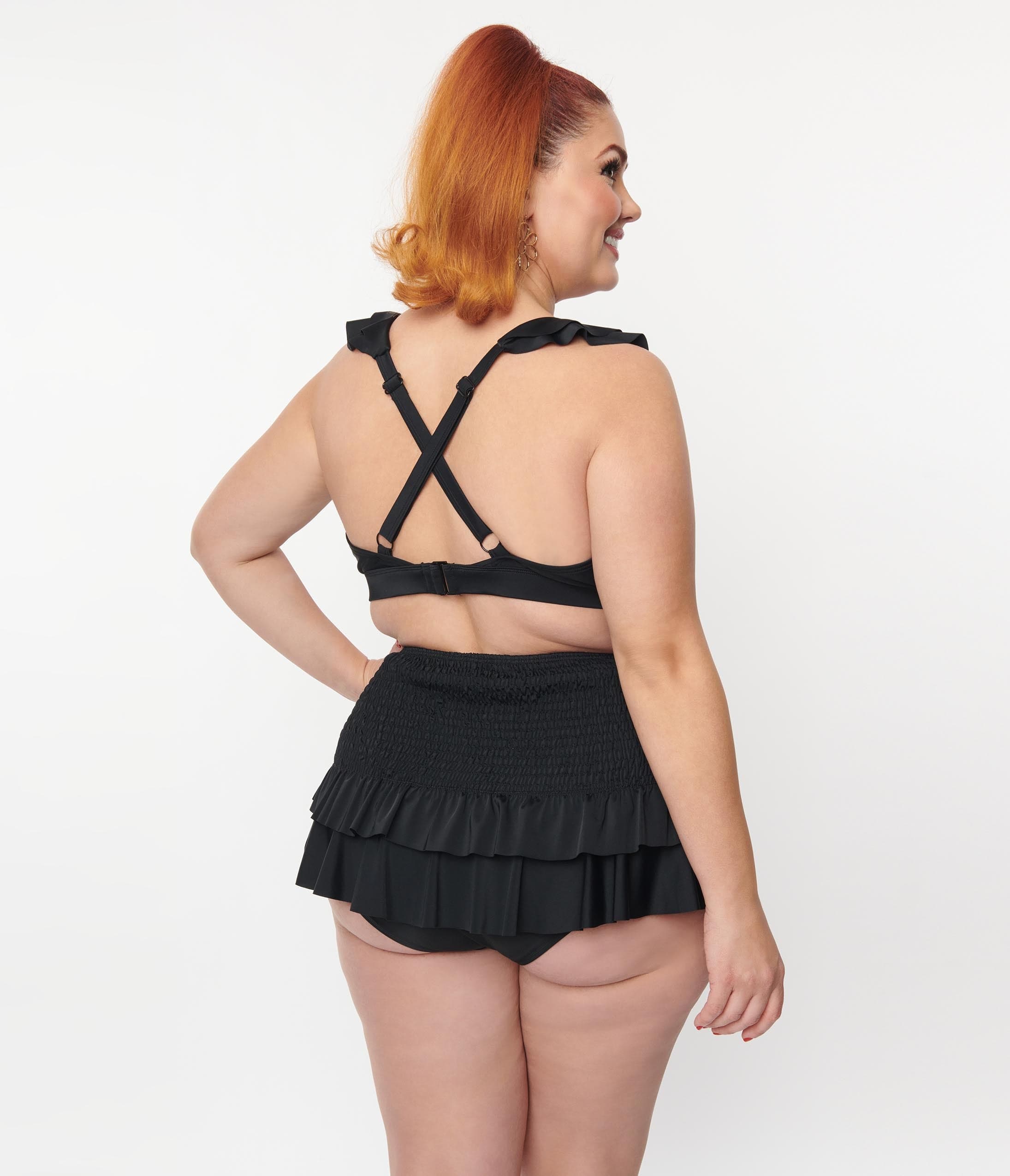 Unique Vintage Plus Size Black Ruffle Halter Swim Top