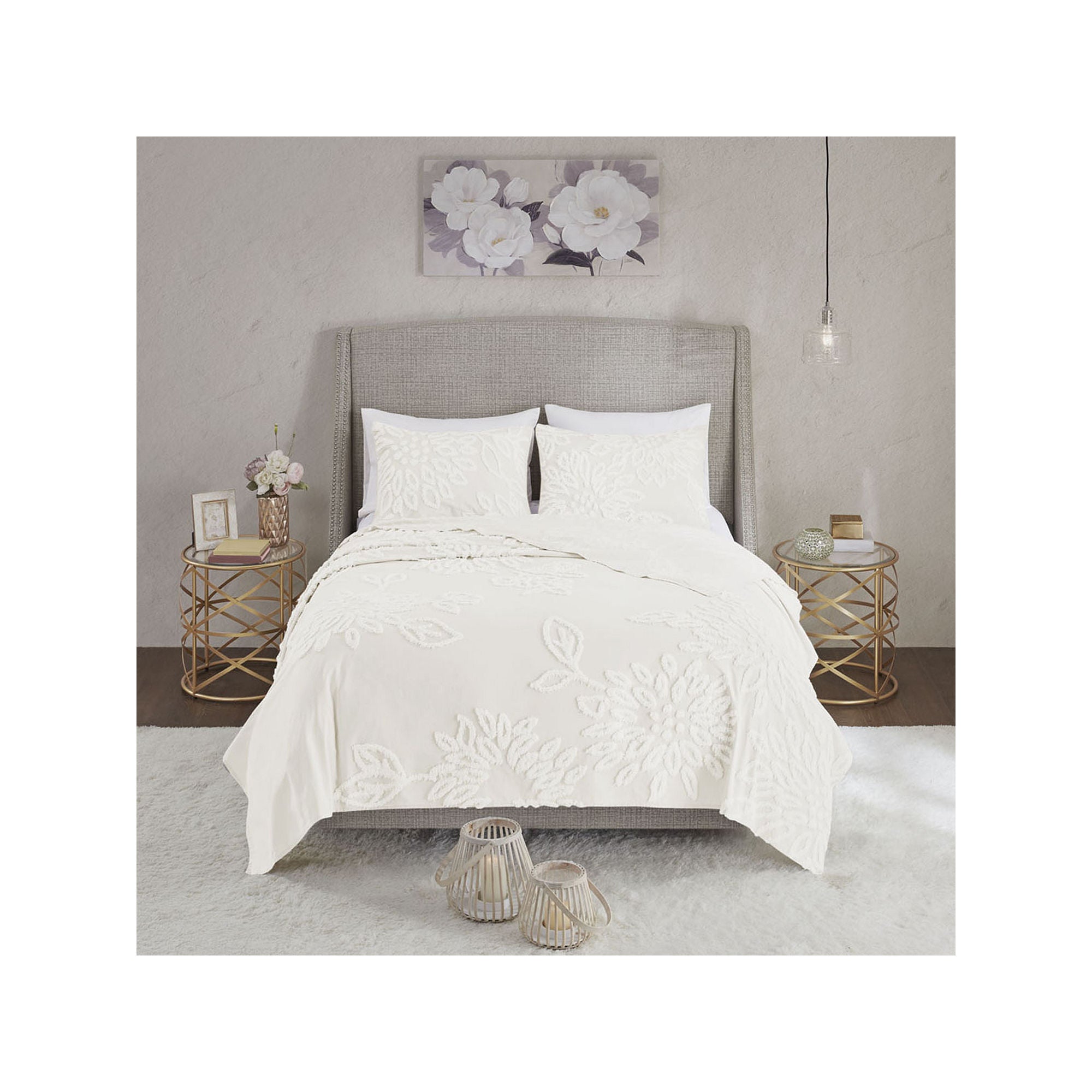 Madison Park PANSY CVT SET - White Pansy 3 Piece Tufted Cotton Chenille Floral Coverlet Set White - Full-Queen