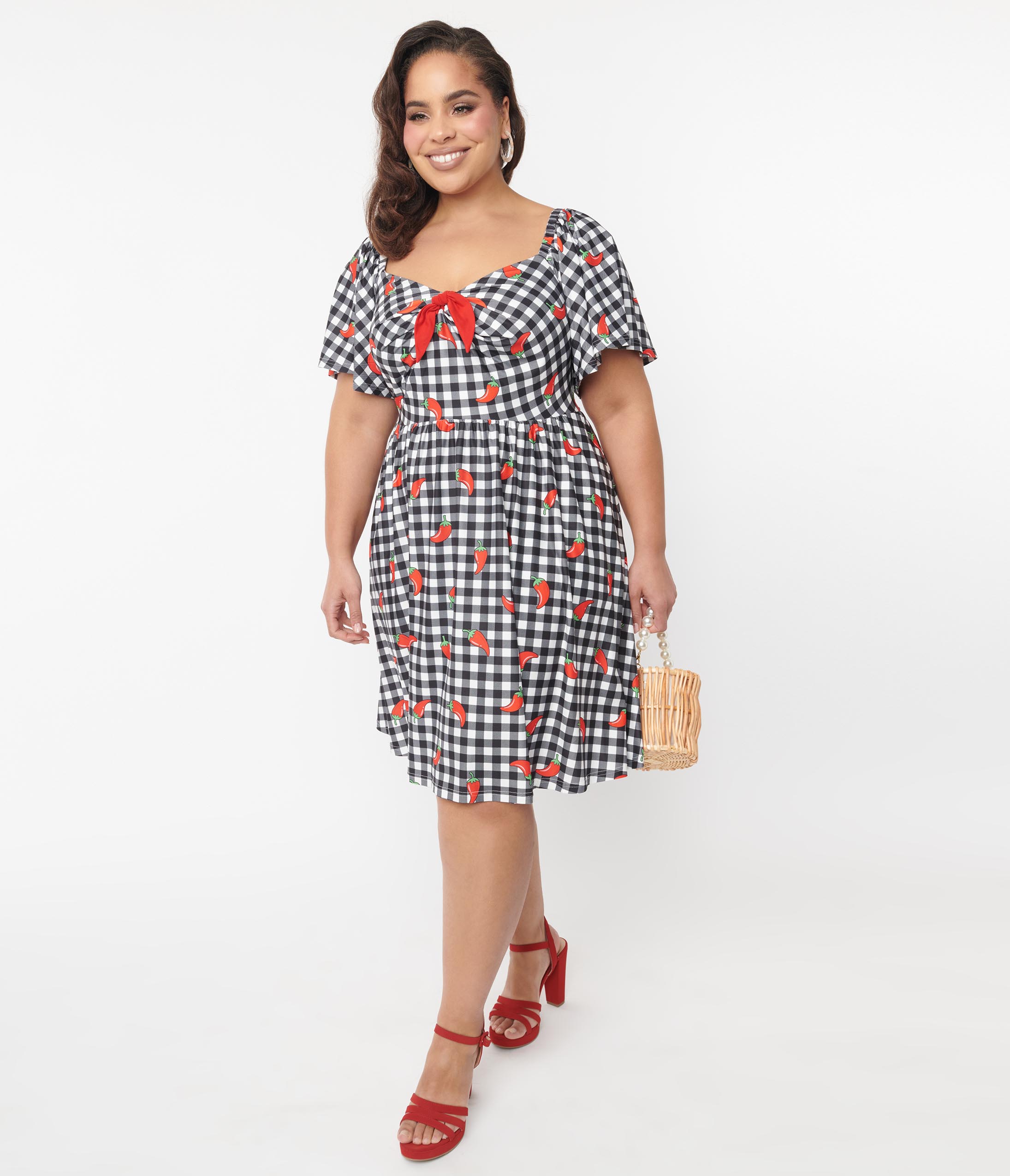 Unique Vintage 1950s Curve Black & White Chili Pepper Gingham Swing Dress