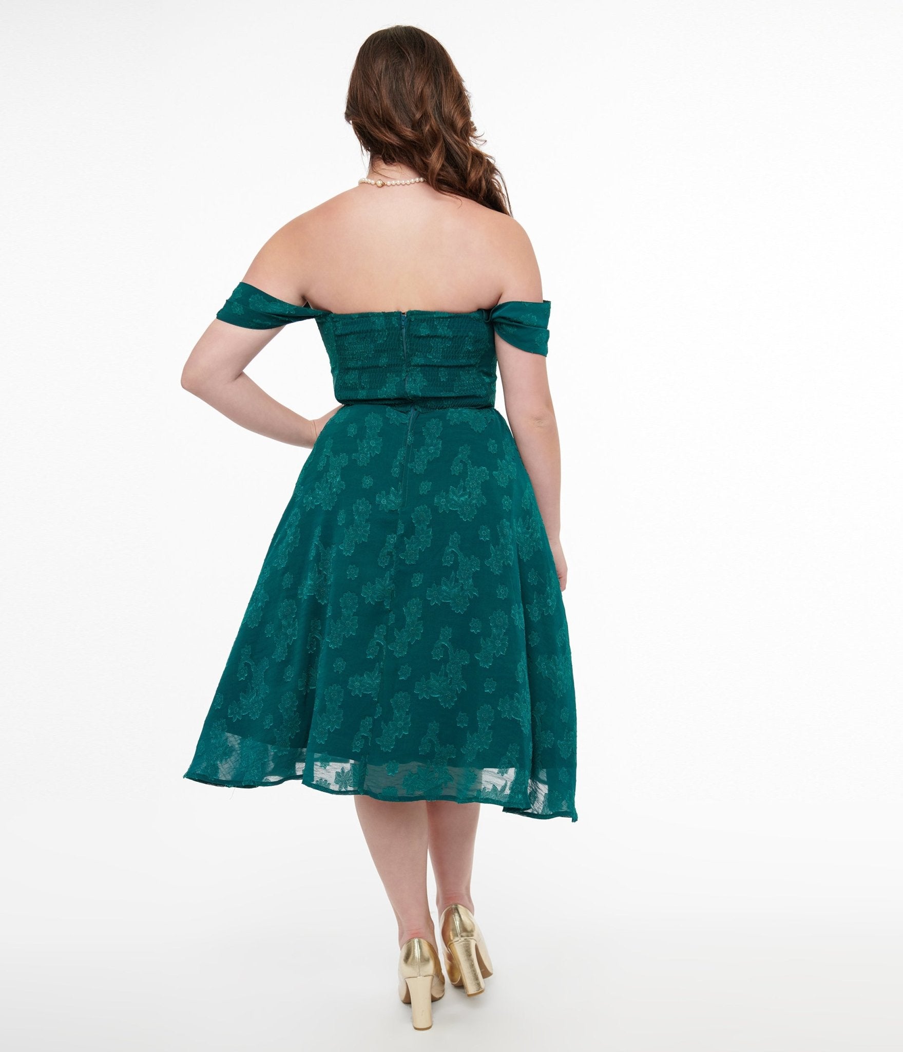 Unique Vintage 1950s Teal Jacquard Off Shoulder Flare Dress