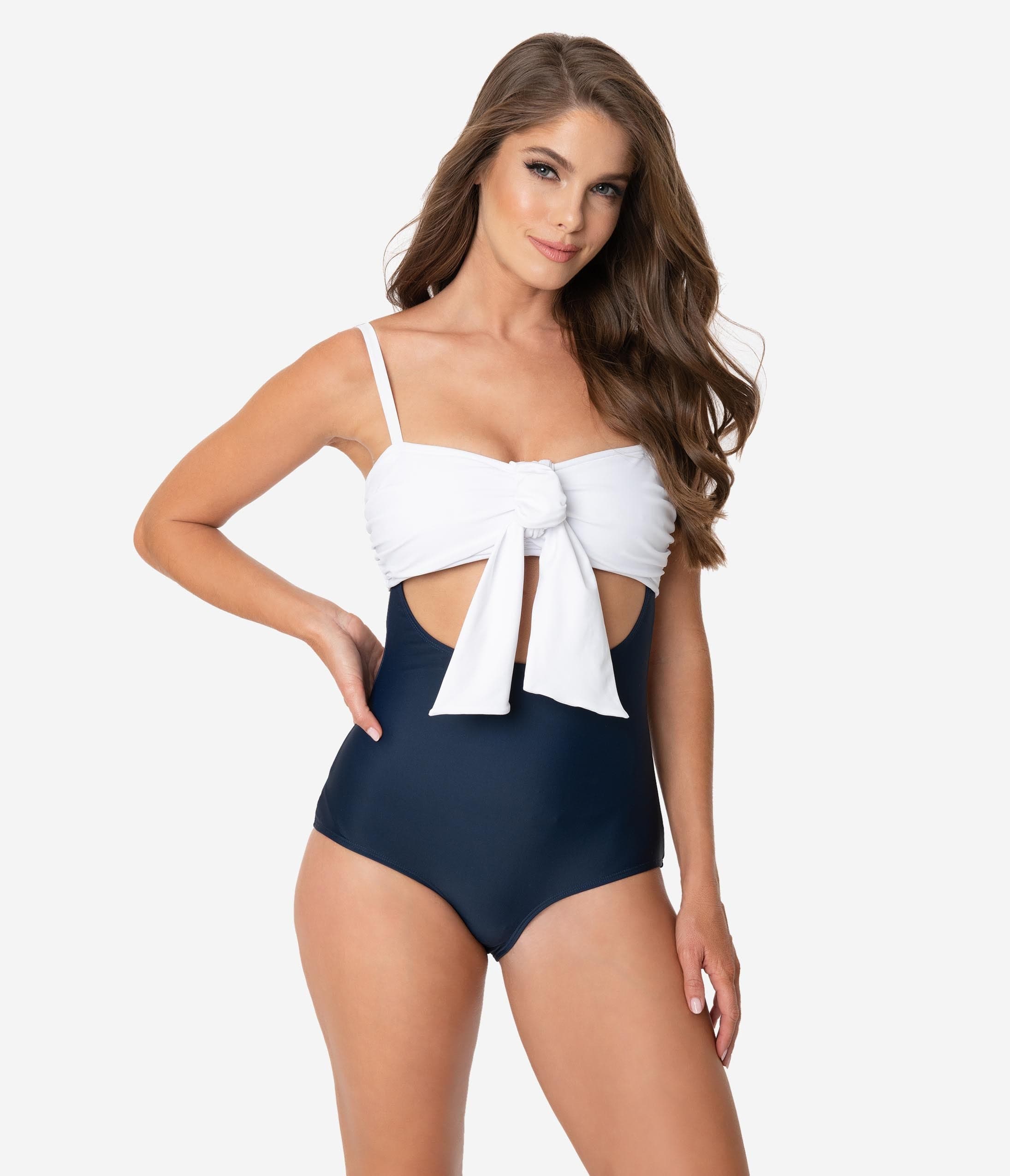 Unique Vintage Navy Blue & White Sweetheart Bow Avila Swimsuit