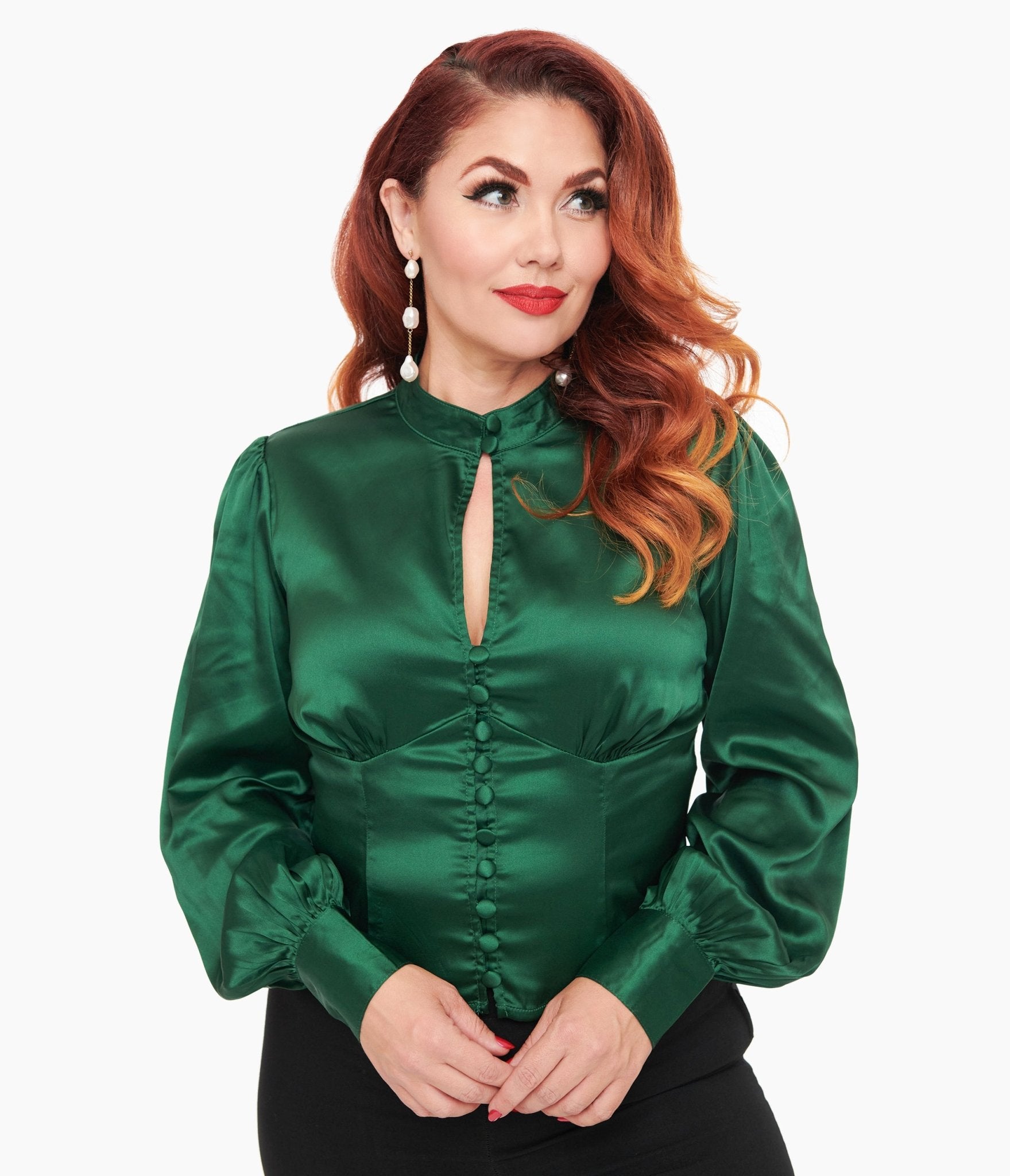 Unique Vintage 1970s Emerald Satin Keyhole Button Waist Blouse