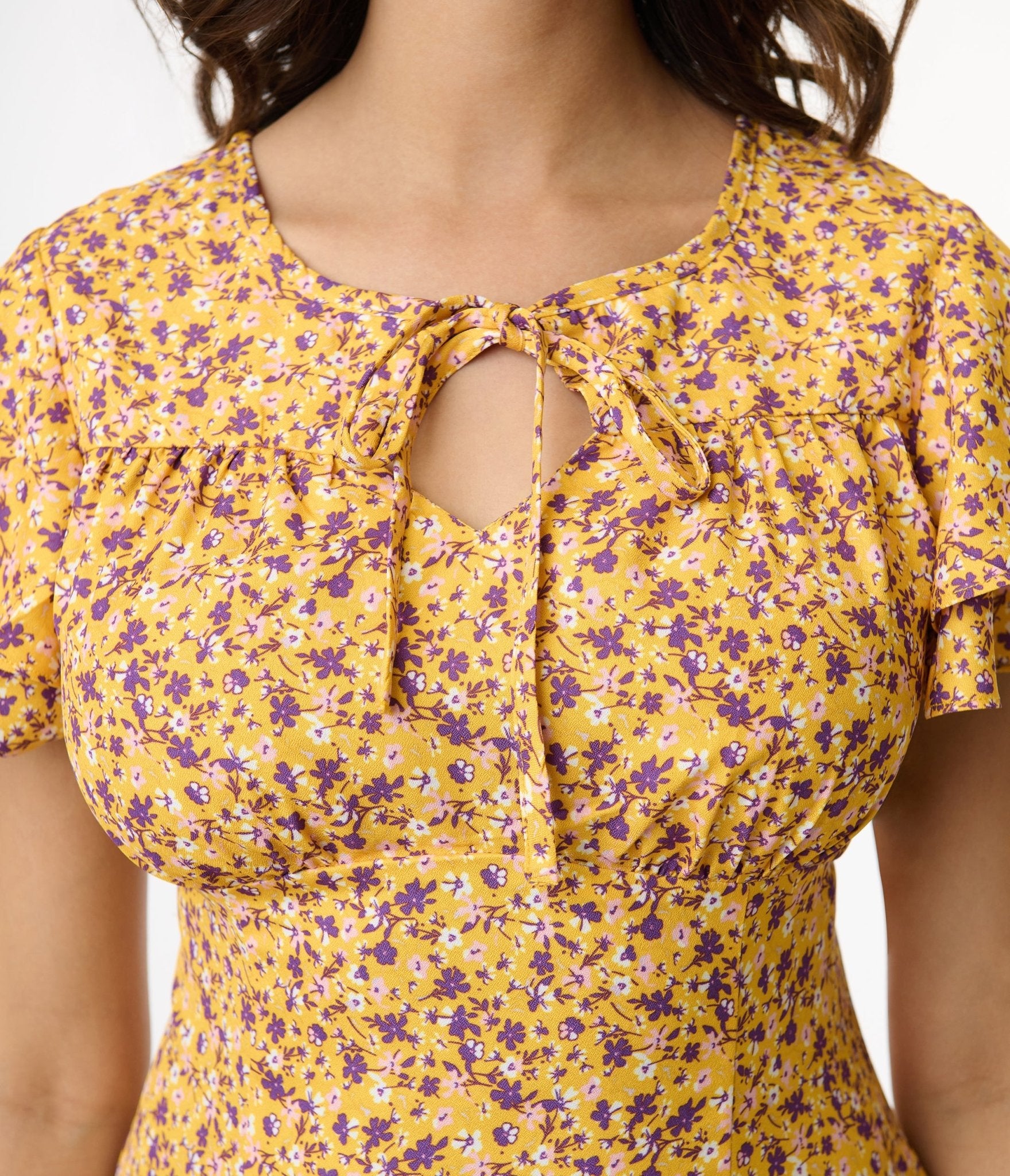 1950s Yellow & Purple Floral Capelet Swing Dress