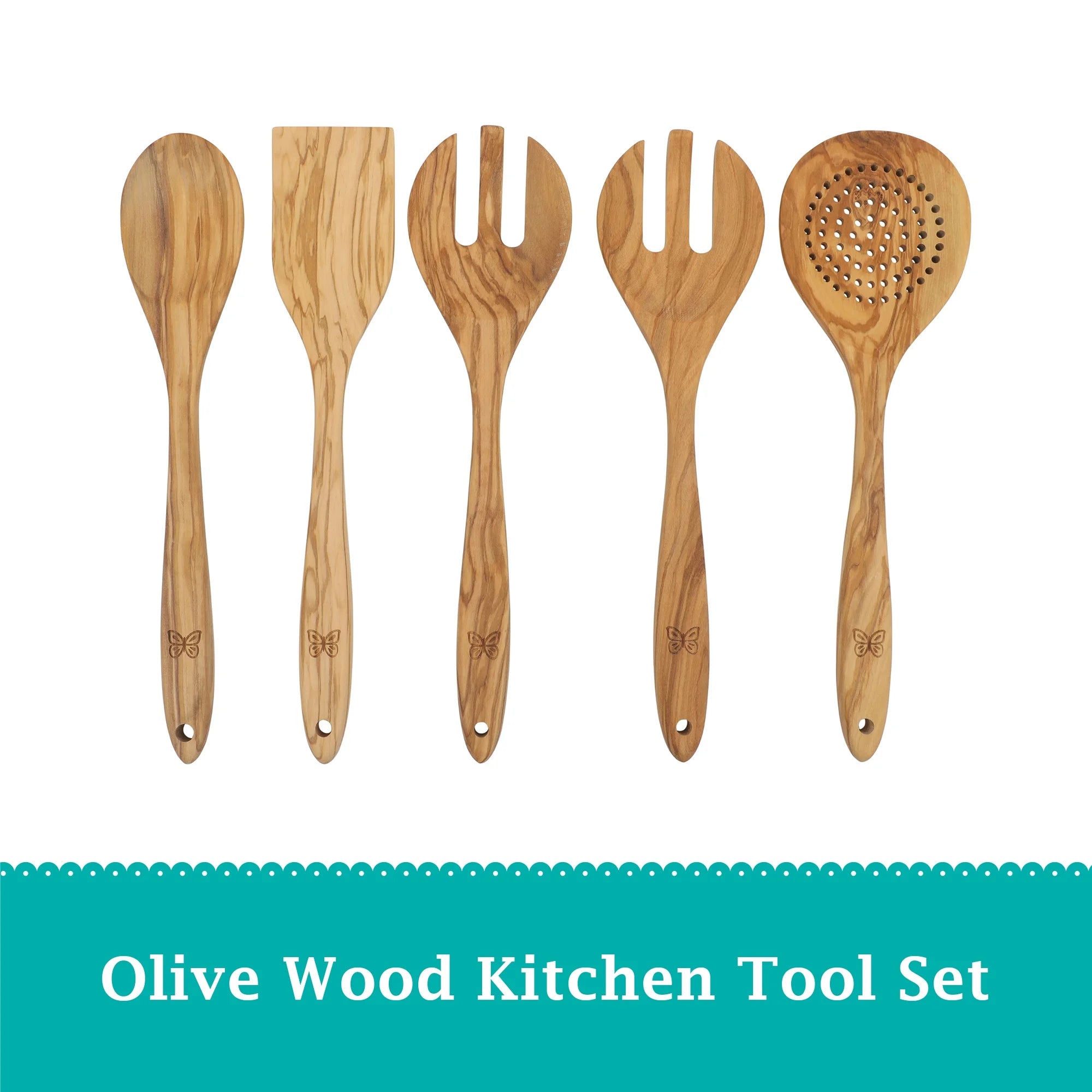 The Pioneer Woman PWD4968818141ET 5 Piece Olivewood Kitchen Cooking Utensil Tool Set