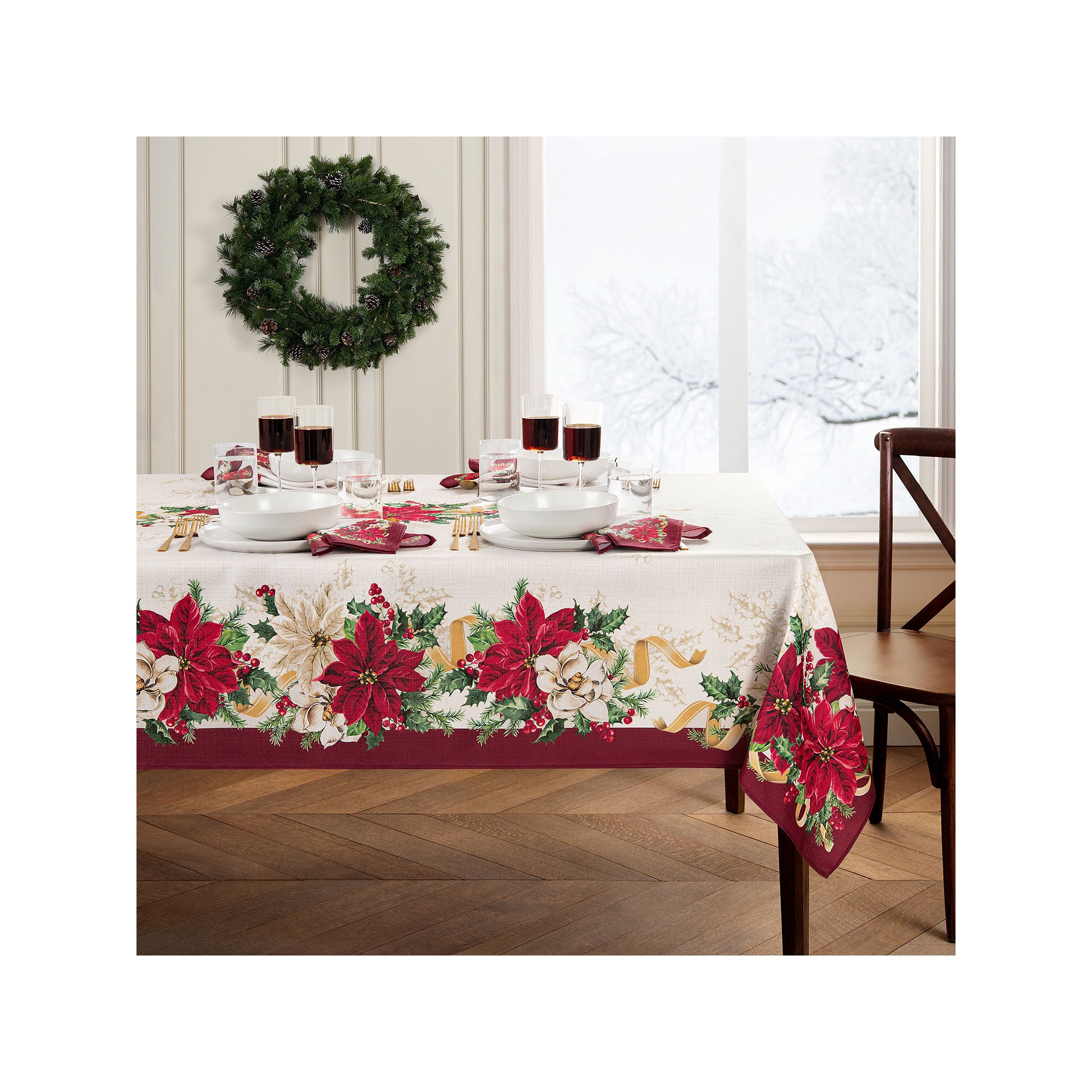 Elrene Home Fashions Poinsettia Garlands Engineered Rectangle Tablecloth - MULTI ONE SIZE