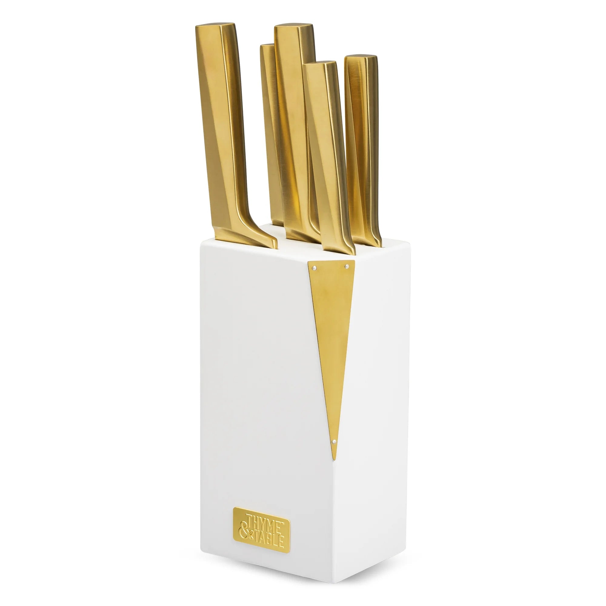 Thyme & Table TT0974R 6-Piece Slim Acacia Knife Block Set with Gold Blades and White Accent Block