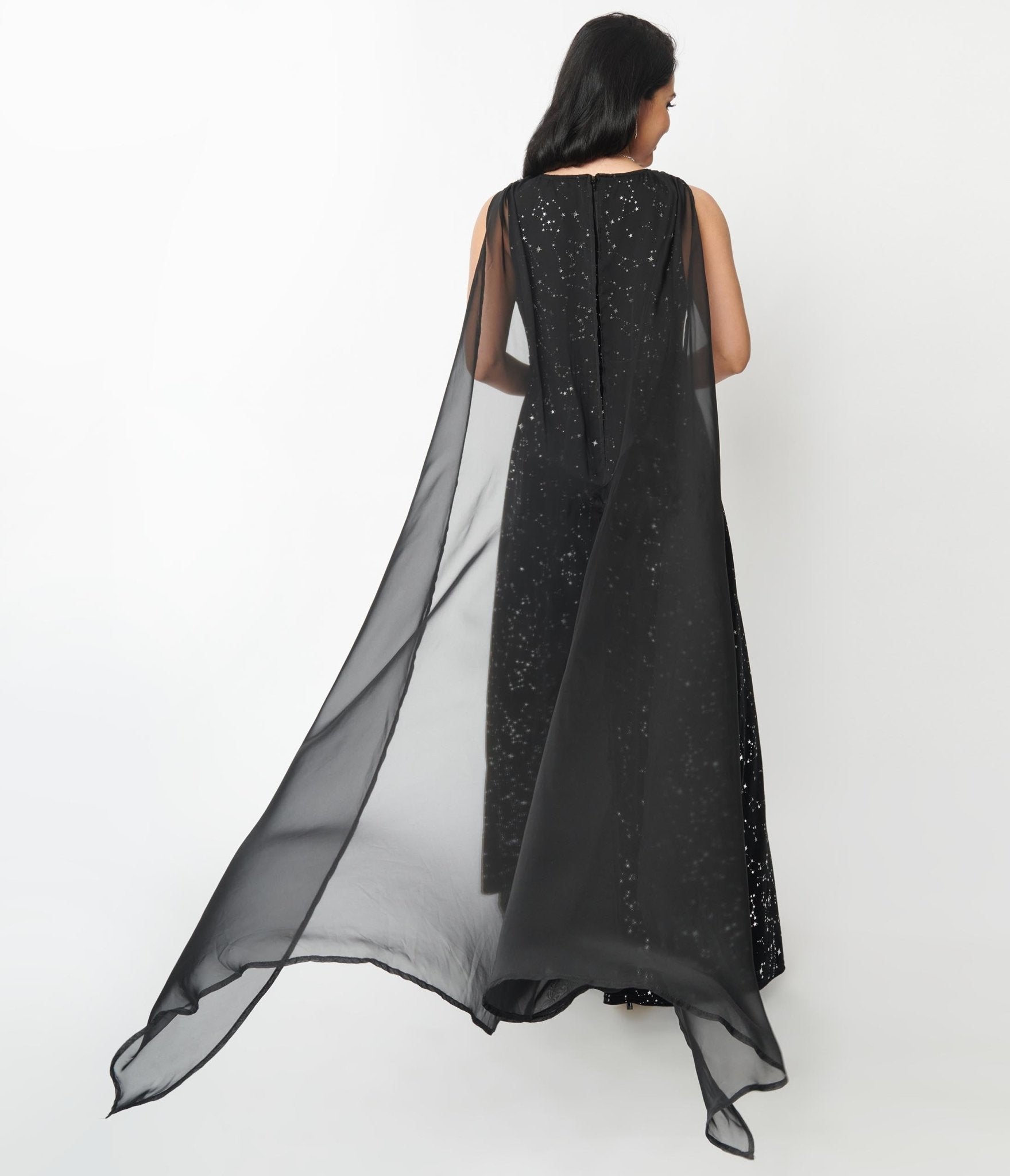 Unique Vintage Black Velvet Constellation Cape Gown