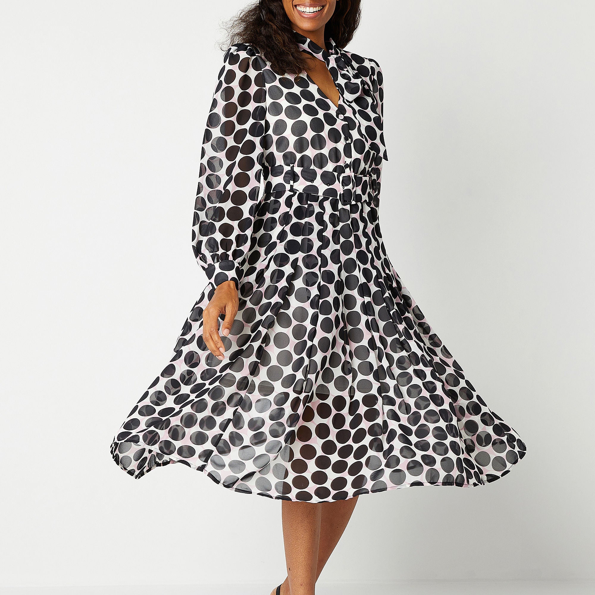 Worthington Long Sleeve Midi Fit + Flare Dress - SHADOW DOT LARGE PETITE