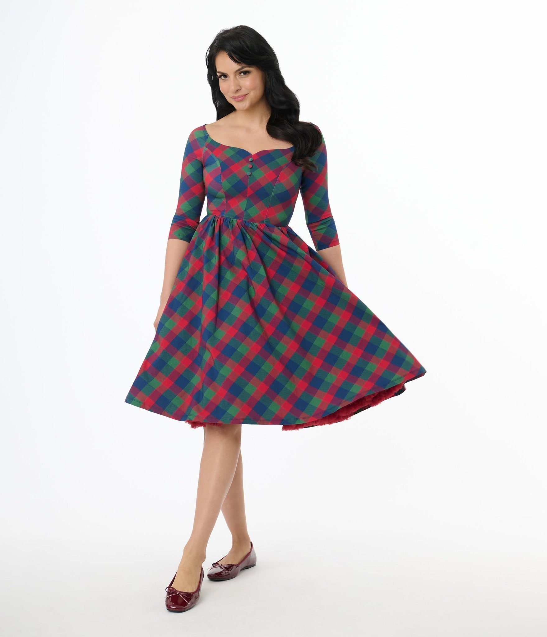 Unique Vintage 1950s Green & Red Plaid Sweetheart Swing Dress