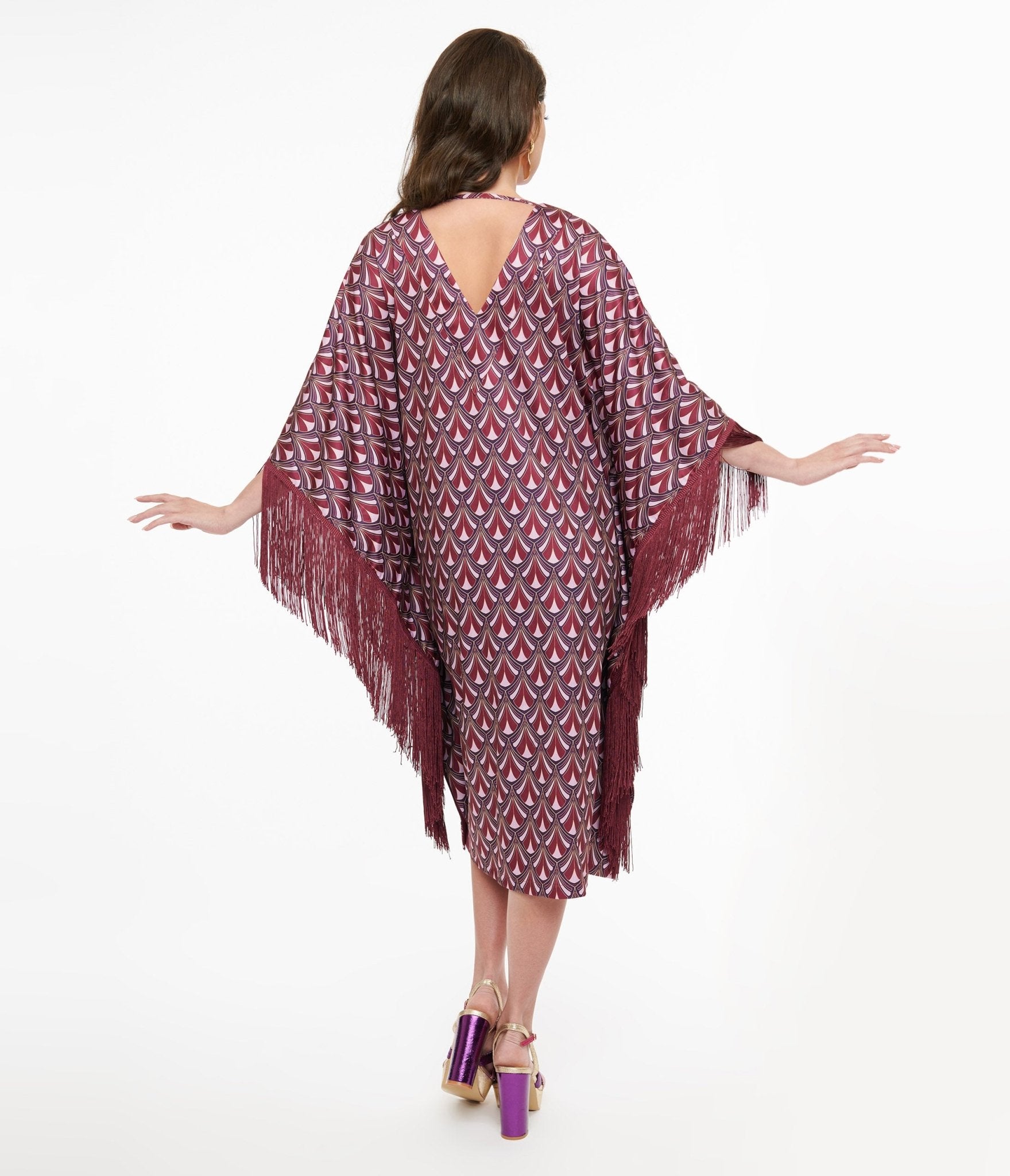 Audrey K Purple Art Deco Fringe Love Is A Drug Caftan