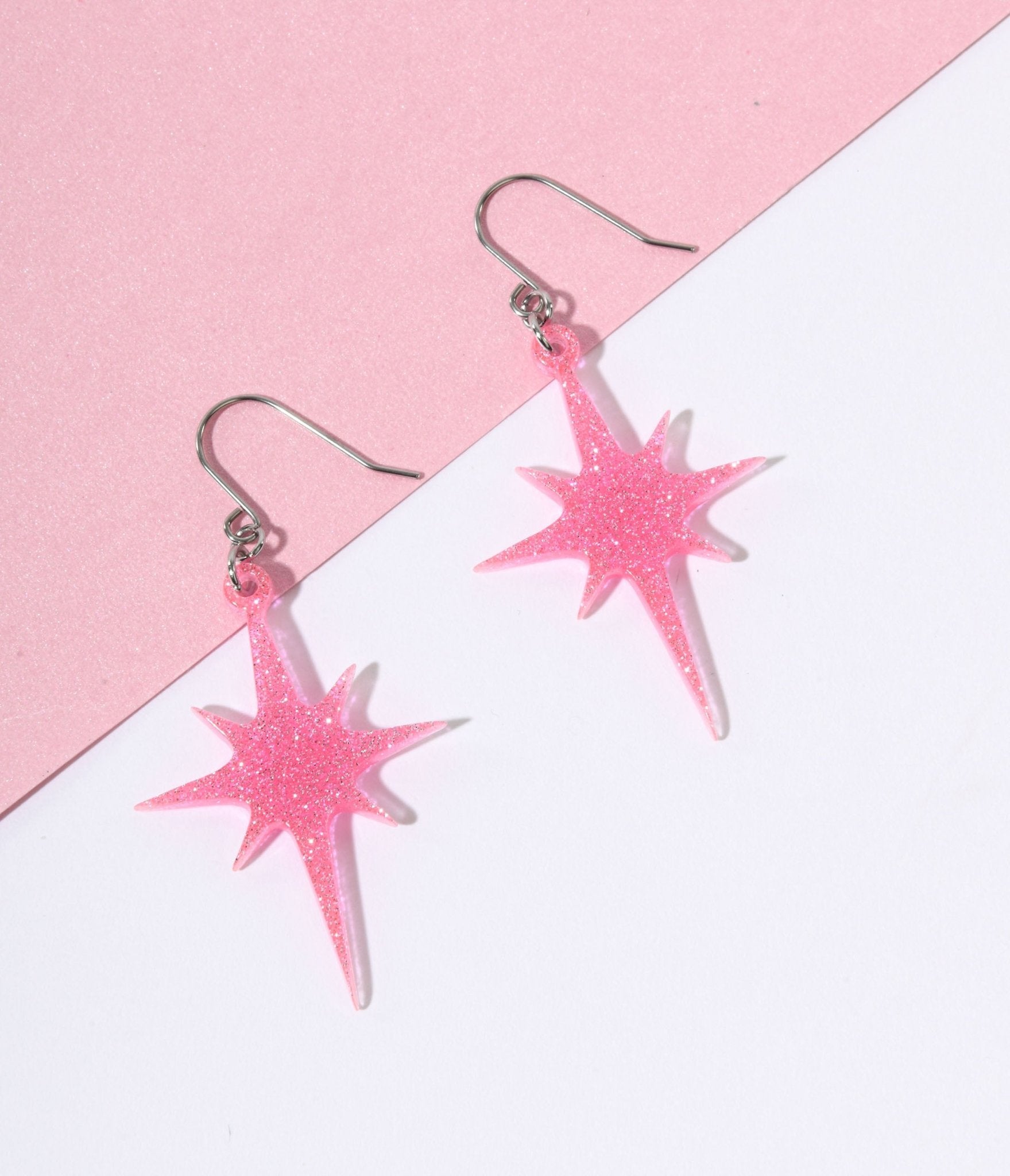 Pink Glitter Atomic Star Dangle Earrings