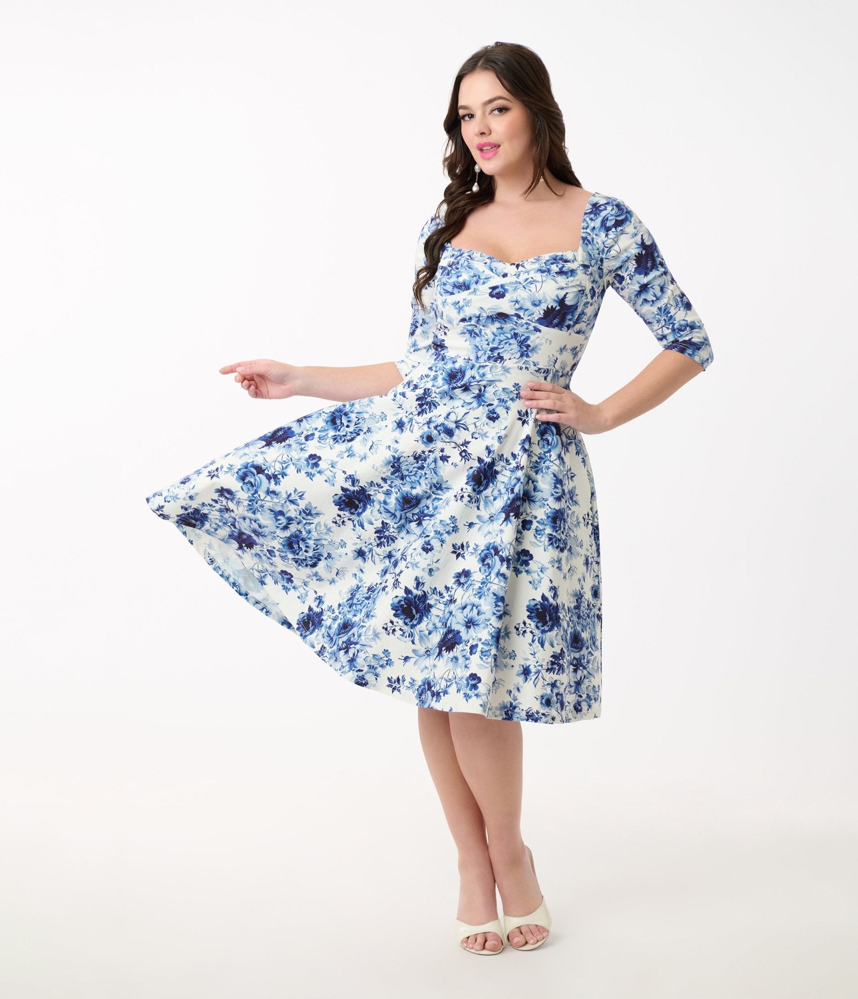 Unique Vintage 1950s White & Blue Floral Pleated Bust Swing Dress