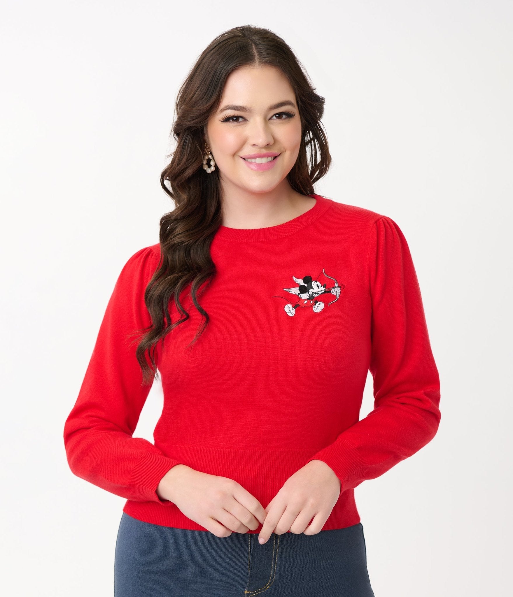 Disney Valentine Collection by Unique Vintage Red Cupid Mickey Embroidered Sweater